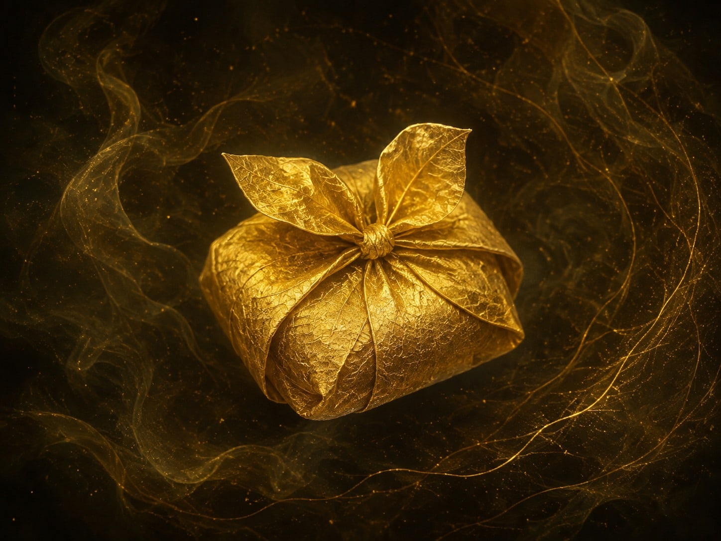 A luminous gold wrapped food parcel floats in a warm dark haze.