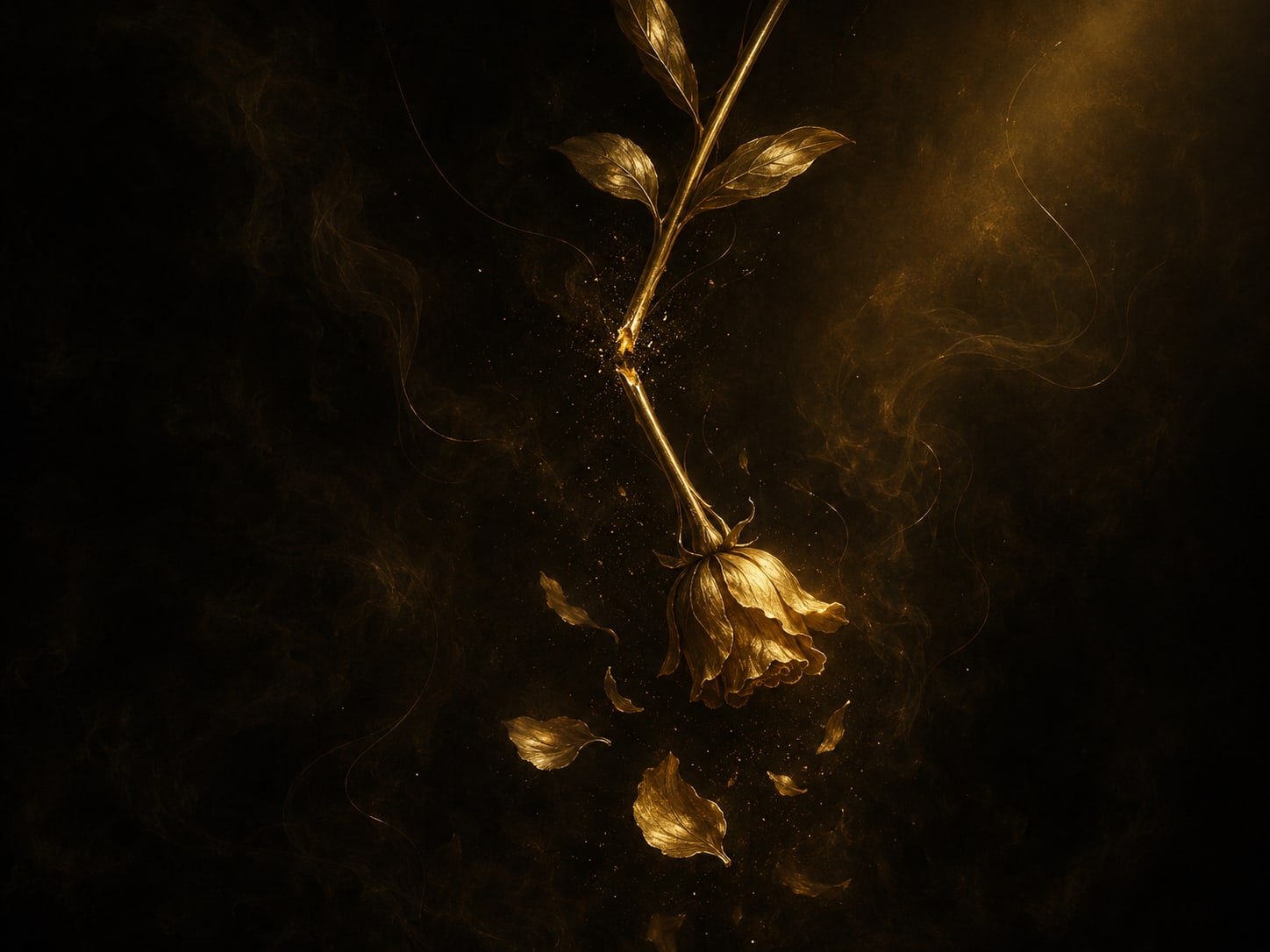 A snapped gold stem with its bloom falling away below the break, the first petals beginning to scatter.