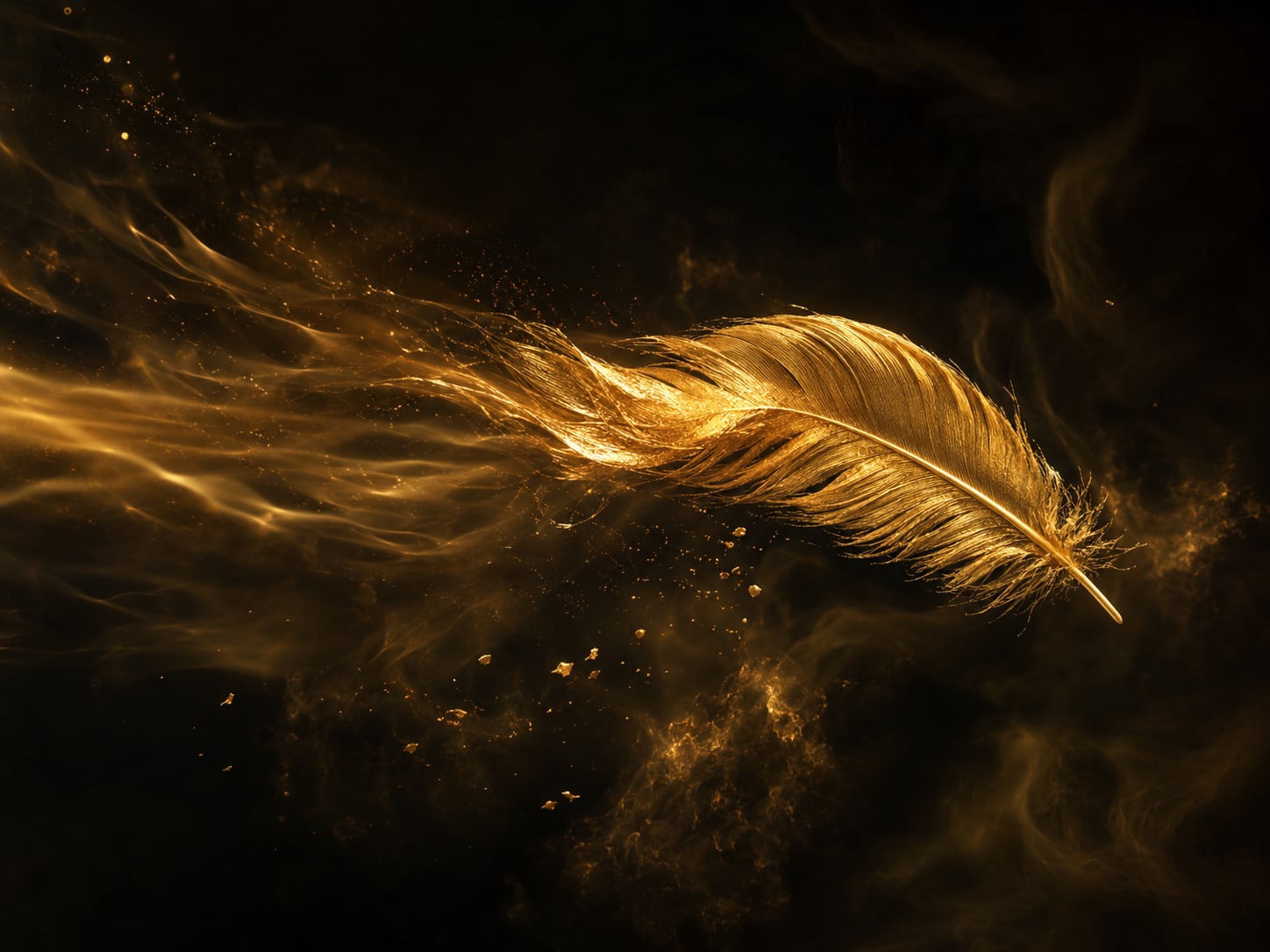 A gold feather driven hard sideways by an unseen gust before it begins to drop.