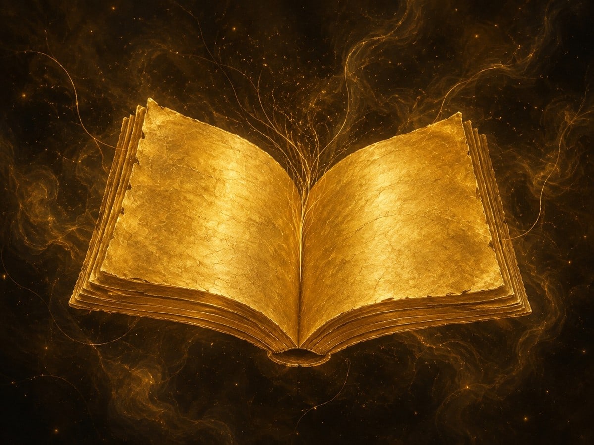 An open blank gold book with curved pages and thin rising filaments floats in warm dark haze.