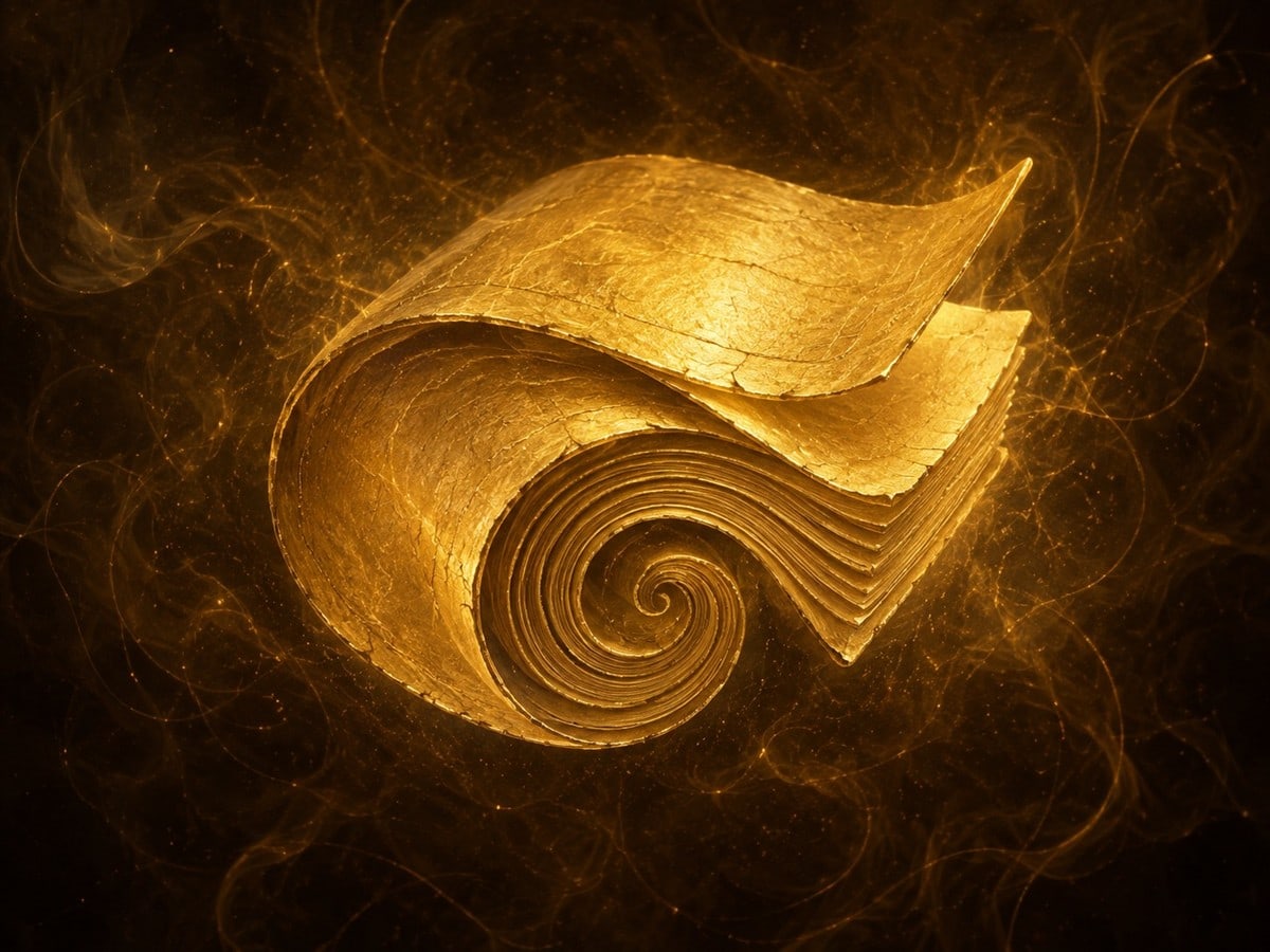 A blank gold book folds into a spiral with layered page edges in a warm dark haze.