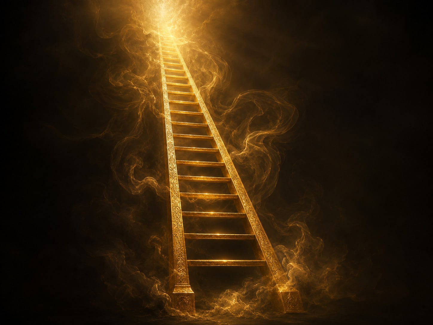 A gold stairway rising into a soft radiance in the dark.