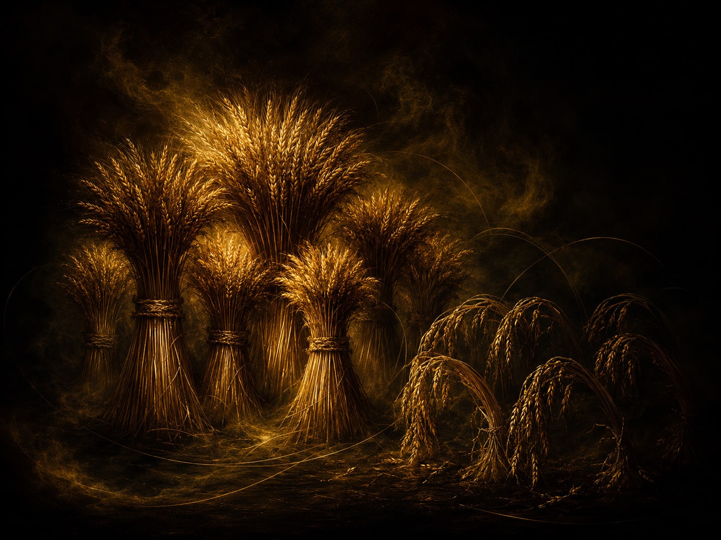 Gold sheaves of wheat, some upright and full, some bowed and lean.
