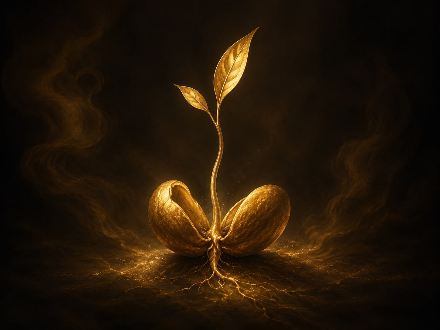 A single gold seed split open on soft darkness with a slender shoot rising from it.