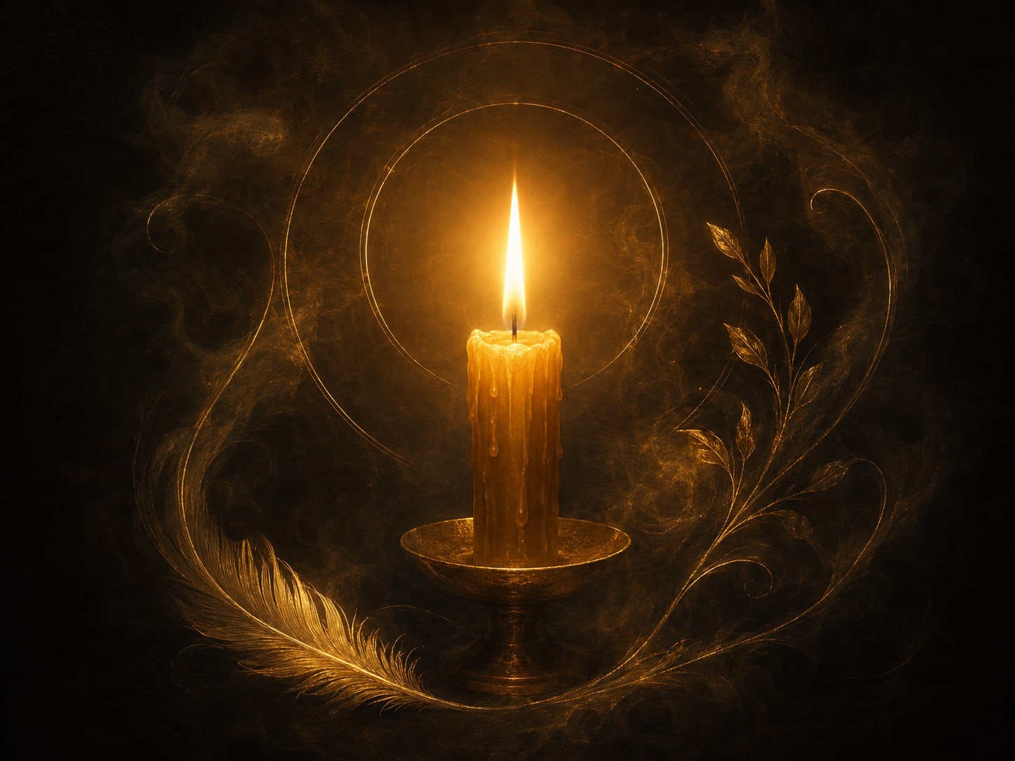 One steady gold candle flame burning unwavering in a quiet field of warm bloom.