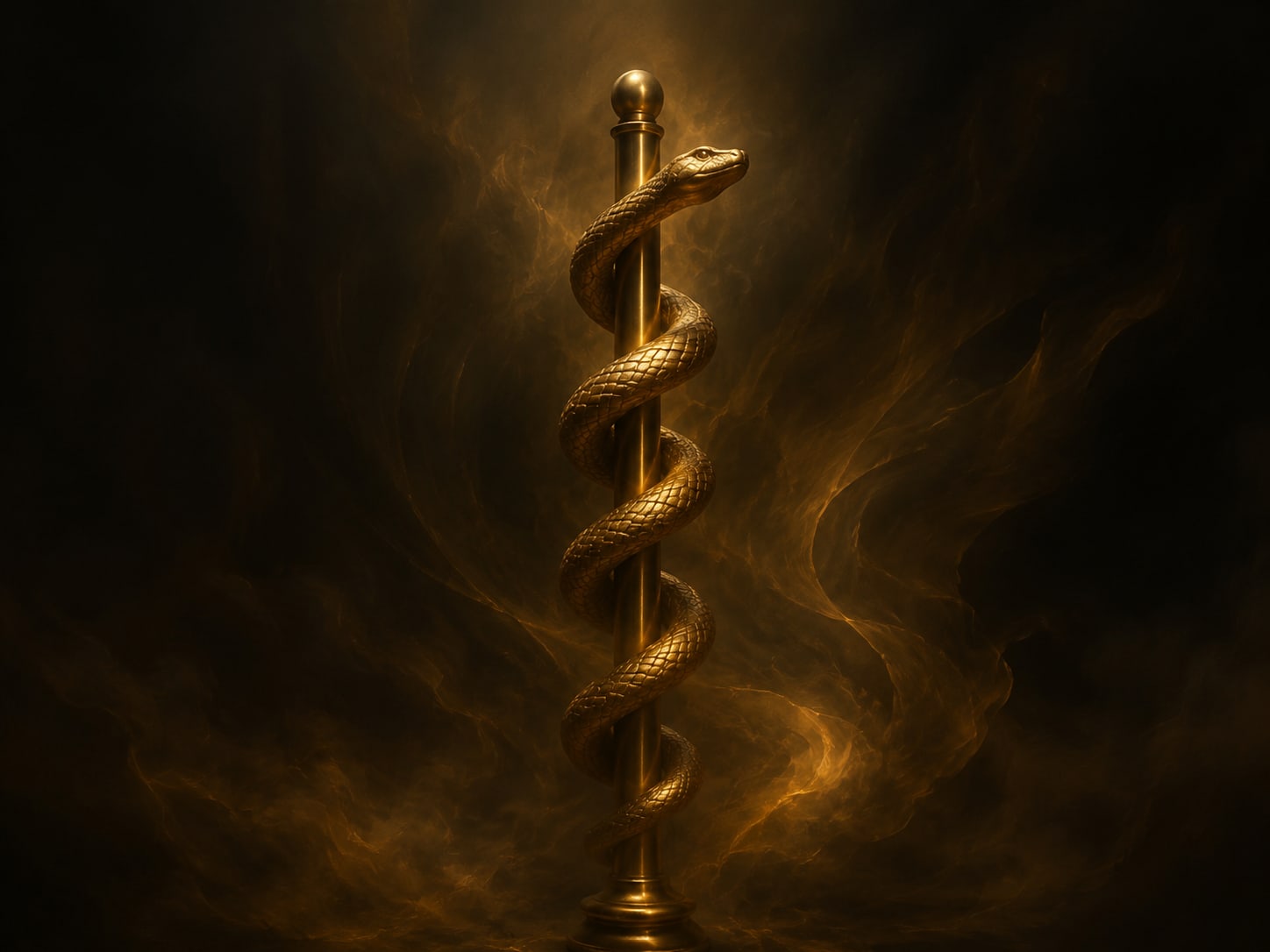 A bronze-gold serpent wound around a plain upright pole, lifted against soft darkness.