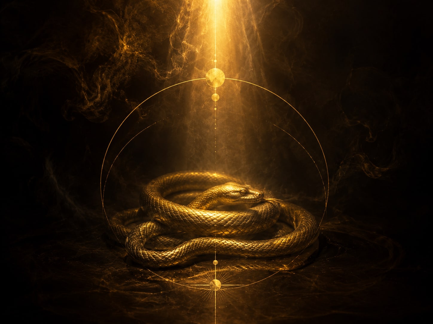 A single gold serpent form resting quietly beneath a soft descending shaft of warm light.