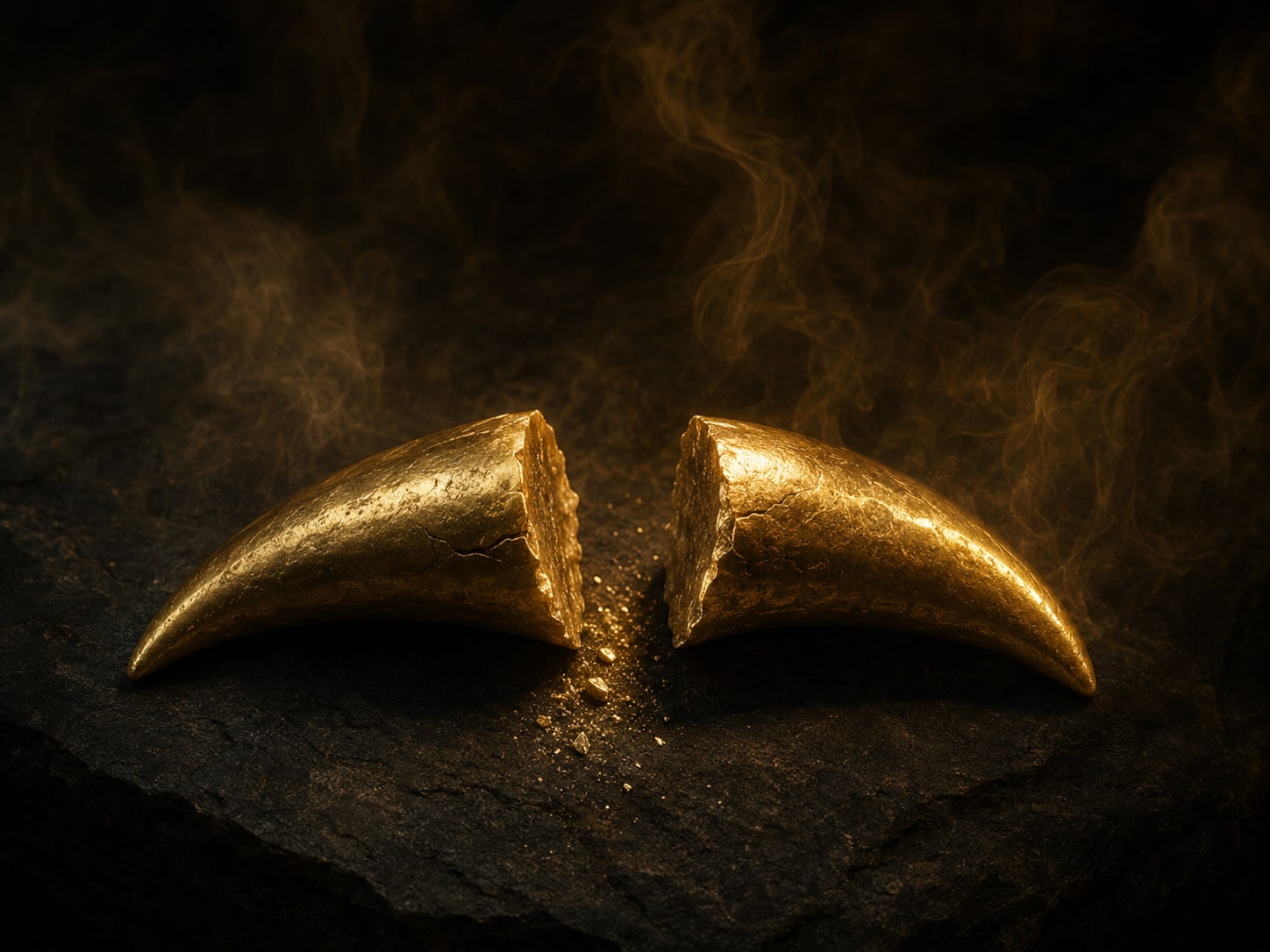 A fang-like gold tooth split cleanly in two on dark stone, the halves lit as an image of harmful power brought to an end.