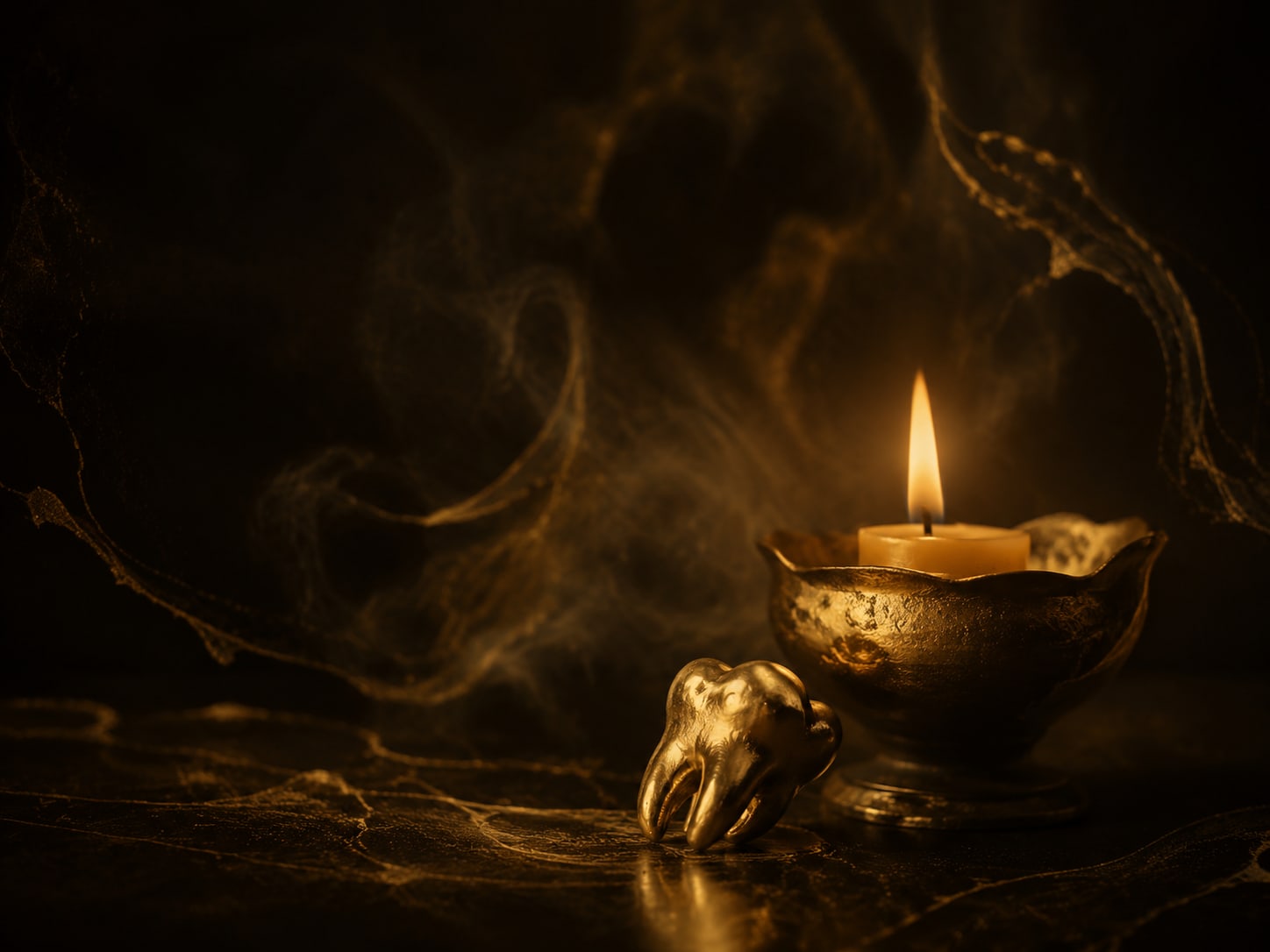 A gold tooth at rest near a single warm candle flame, a quiet plate of stillness.