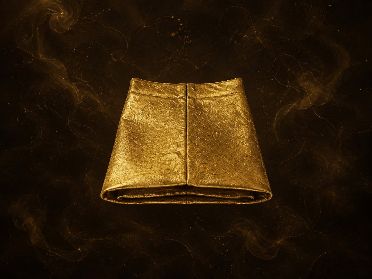 A neatly folded hollow gold trouser form with a small dark opening floats in a dark hazy space.