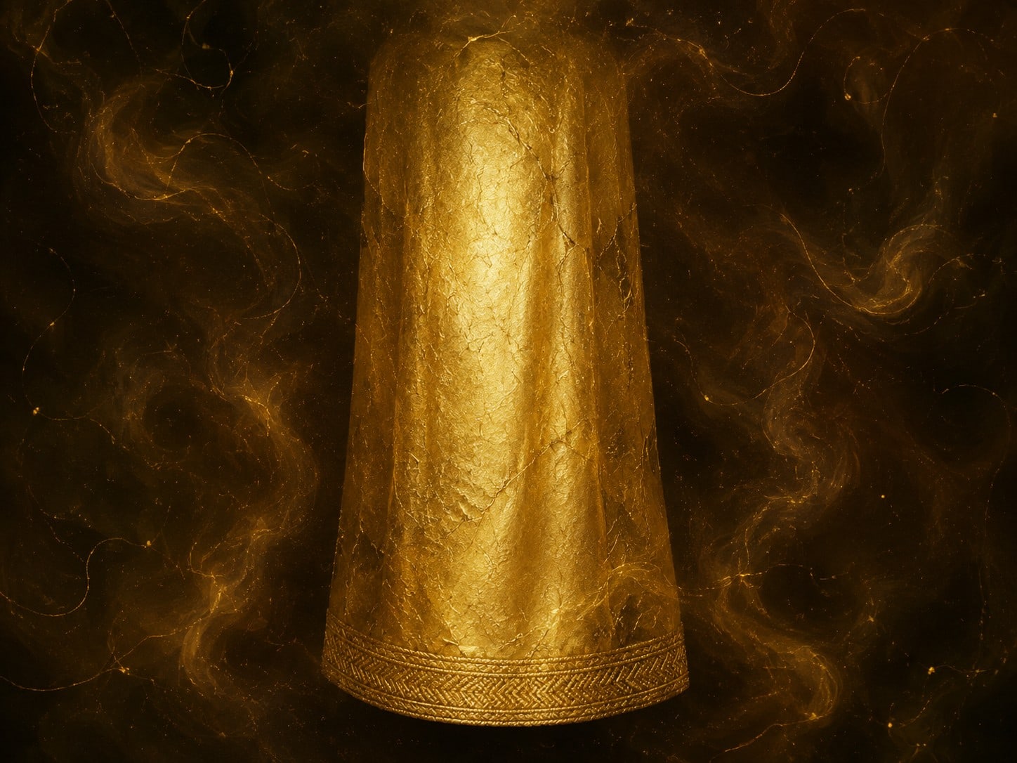A vertical gold trouser-leg shape with a woven lower hem floats in dark haze.