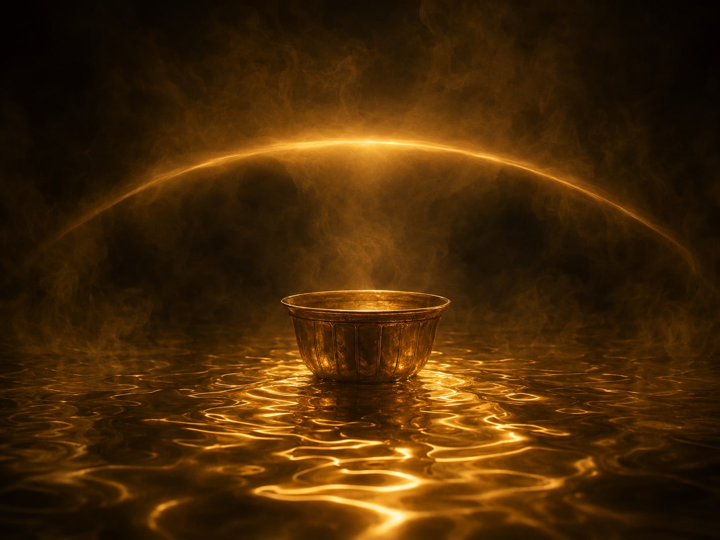 A small antique-gold vessel riding high floodwater with a soft band of warm light arcing above it.