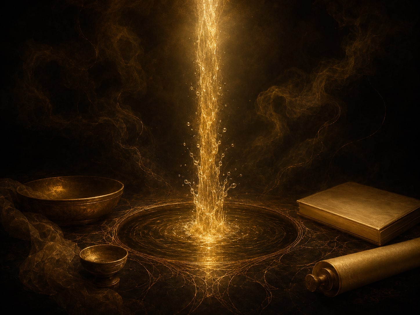 A clear gold spring welling upward out of darkness into a soft luminous column of water.