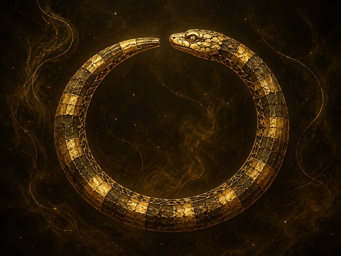 A gold banded snake forms an open circle with a small gap between its head and tail in smoky darkness.