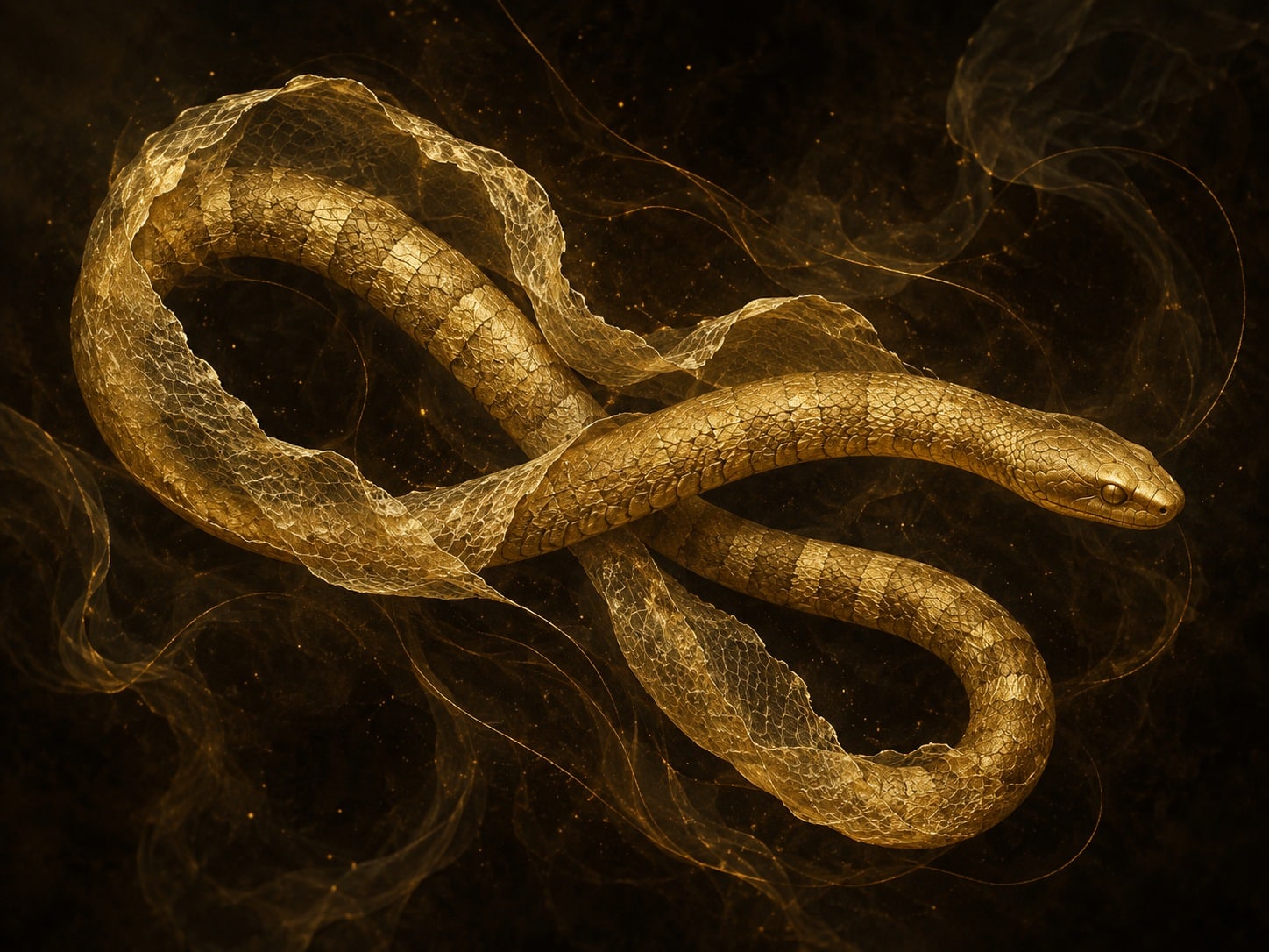 A gold striped snake form loops through smoky darkness with a delicate split sheath along its body.