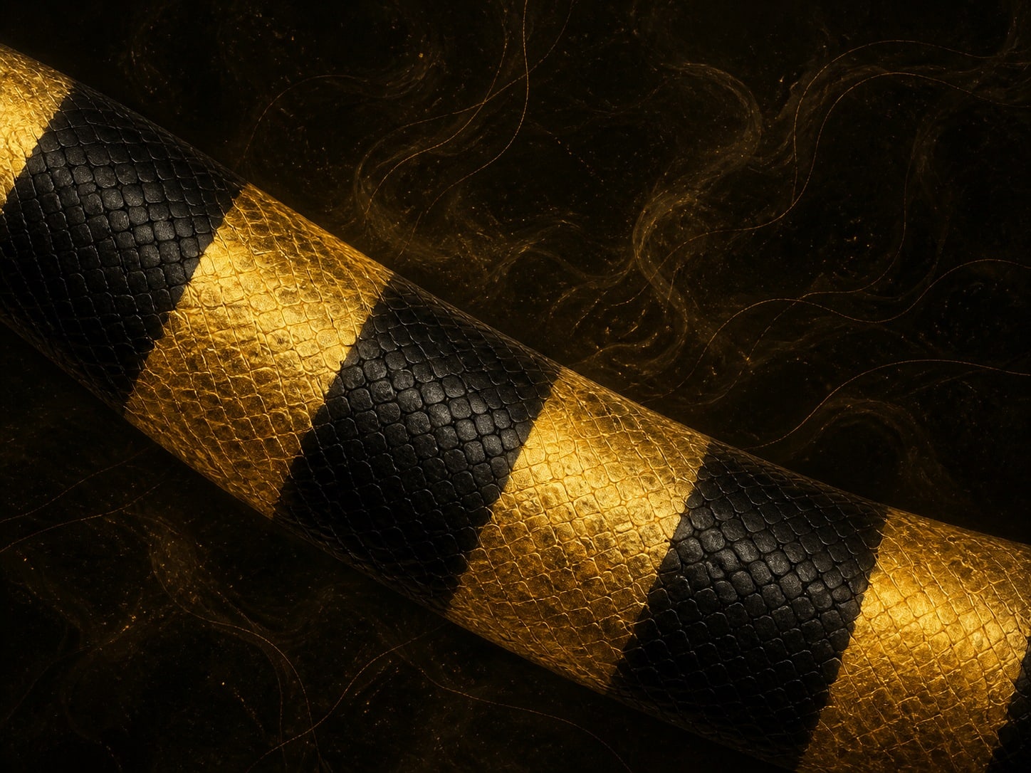 A cropped curving band of black and amber-gold scaled skin crosses a warm dark haze.