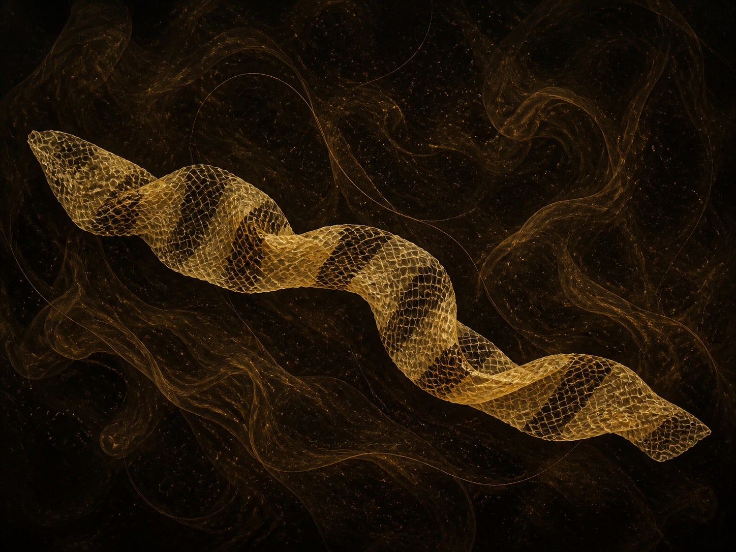A translucent empty shed snake skin with dark and gold bands floats in a warm dark haze.