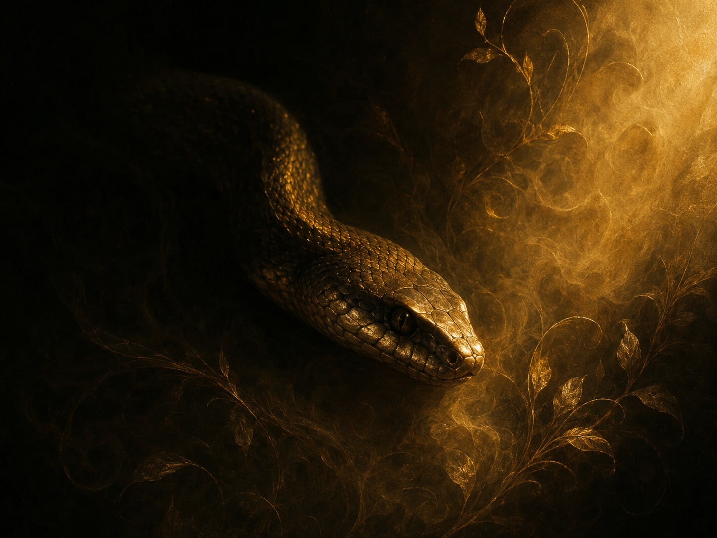 A shadowed serpent emerging from darkness into warm gold light.