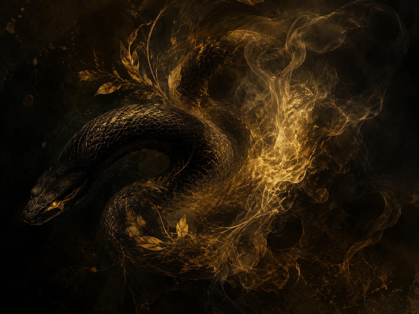 A dark serpent form dissolving into drifting gold-lit smoke.
