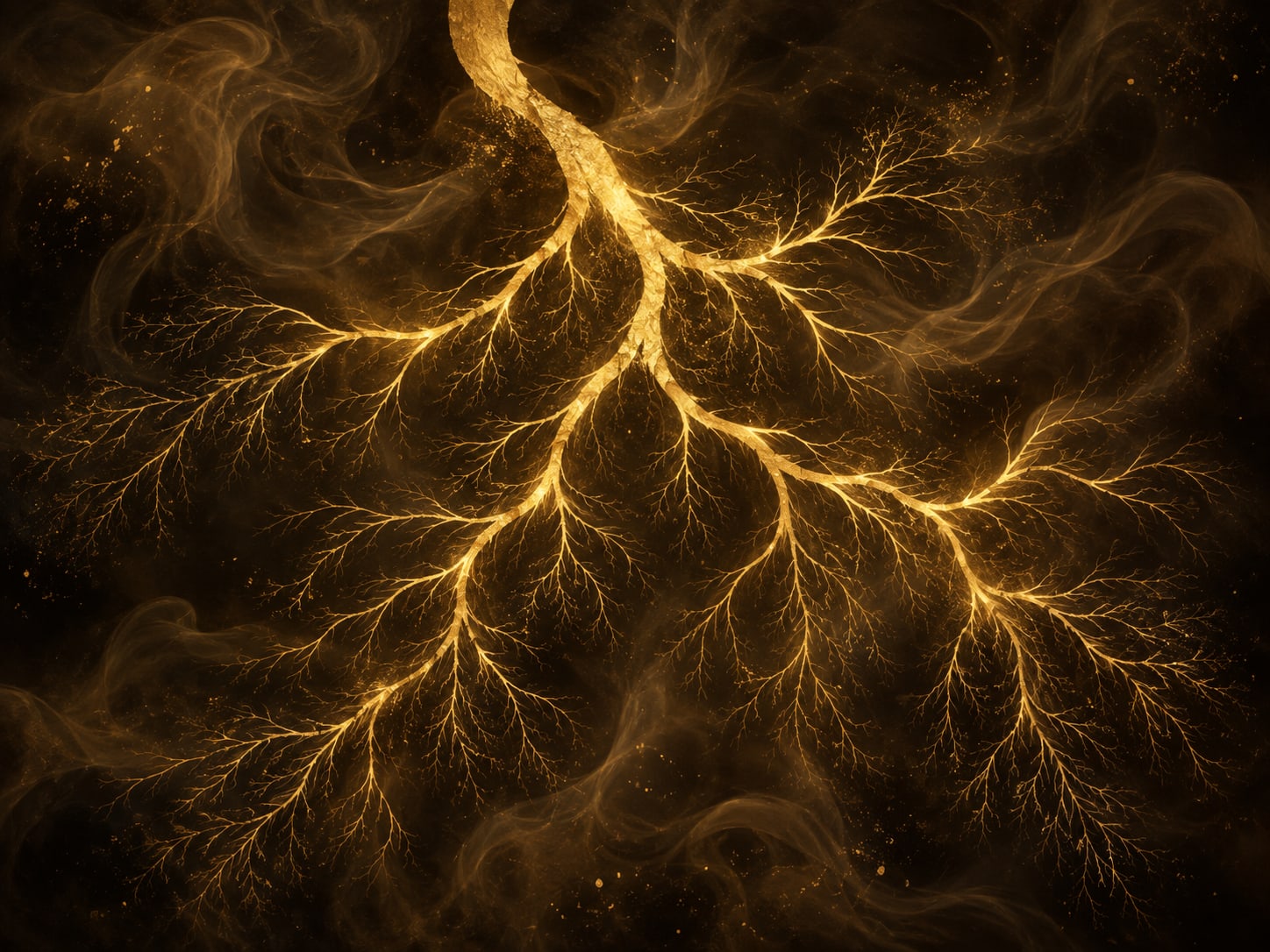 A gold branching form spreads from a thick stem into many fine glowing threads in smoky darkness.