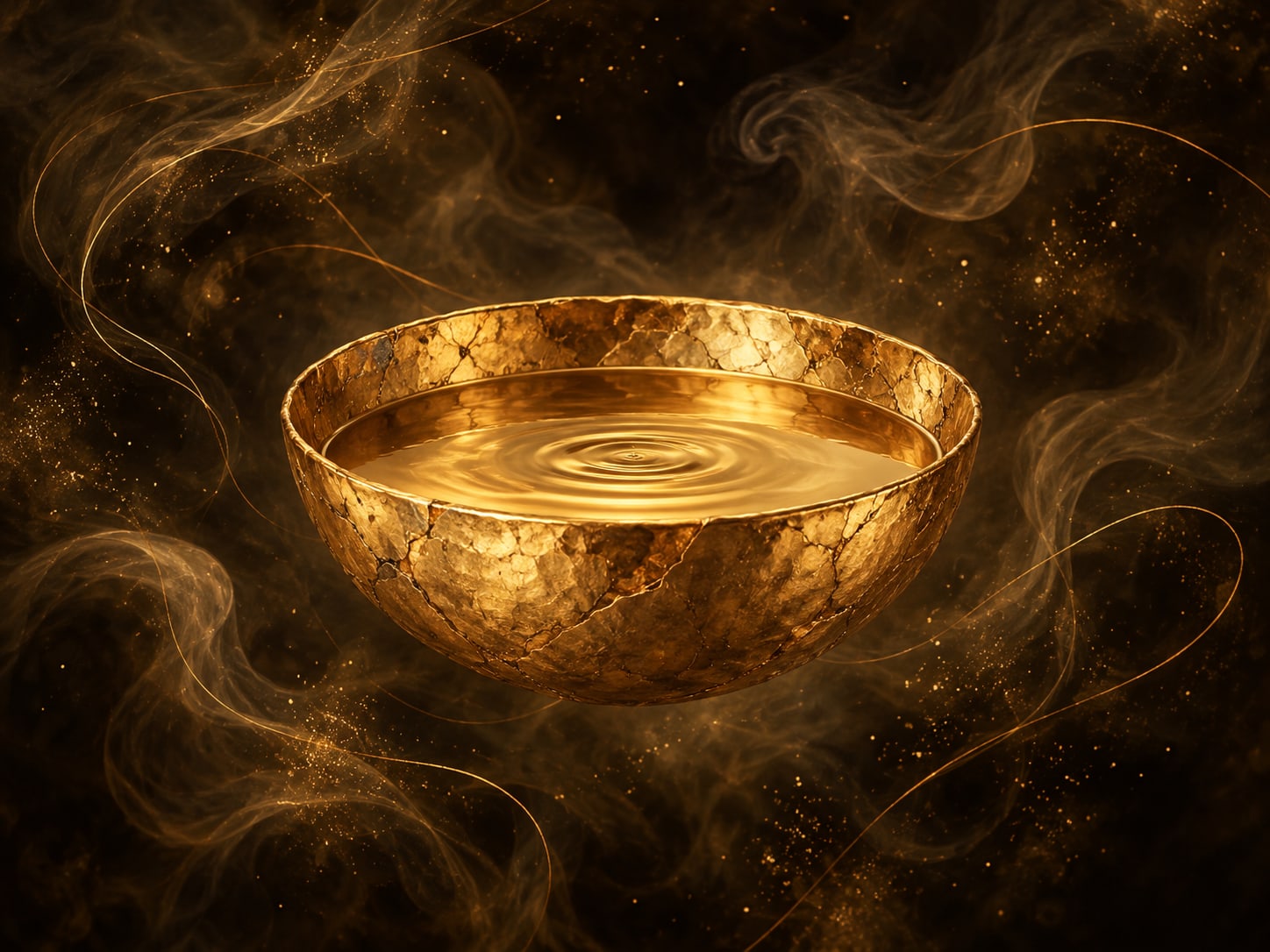 A shallow gold bowl holds a rippling pool of liquid gold in smoky dark space.