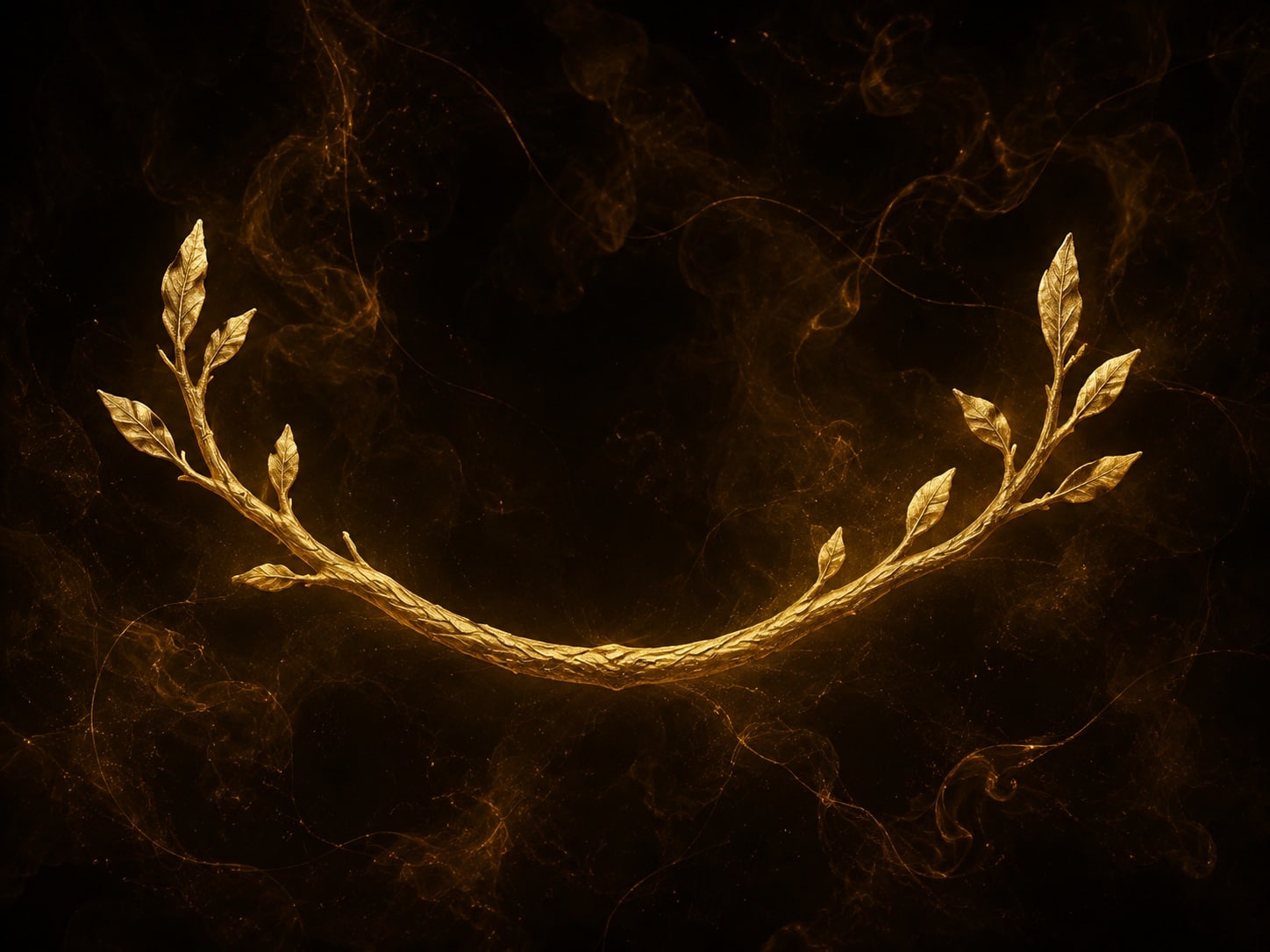 A bowed gold branch forming a gentle arc around empty space against warm dark haze.