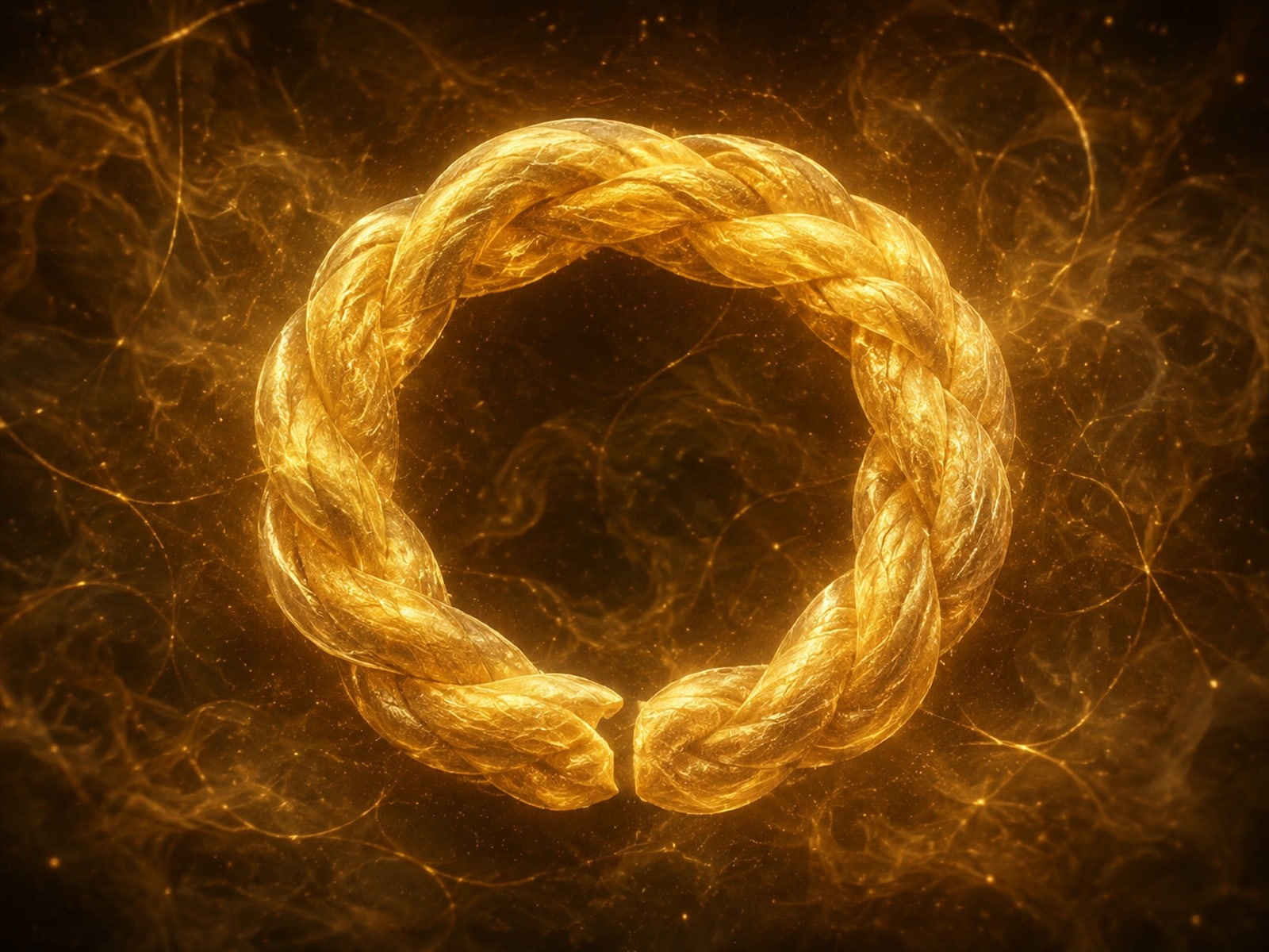A braided gold bread ring with an open seam floats in a dark hazy space.