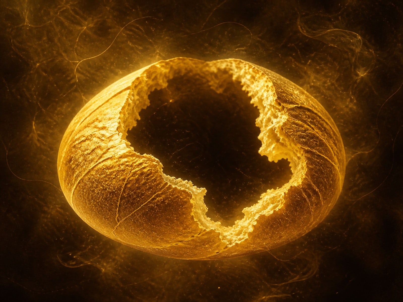 A torn hollow gold loaf floats in a dark space filled with soft golden haze.