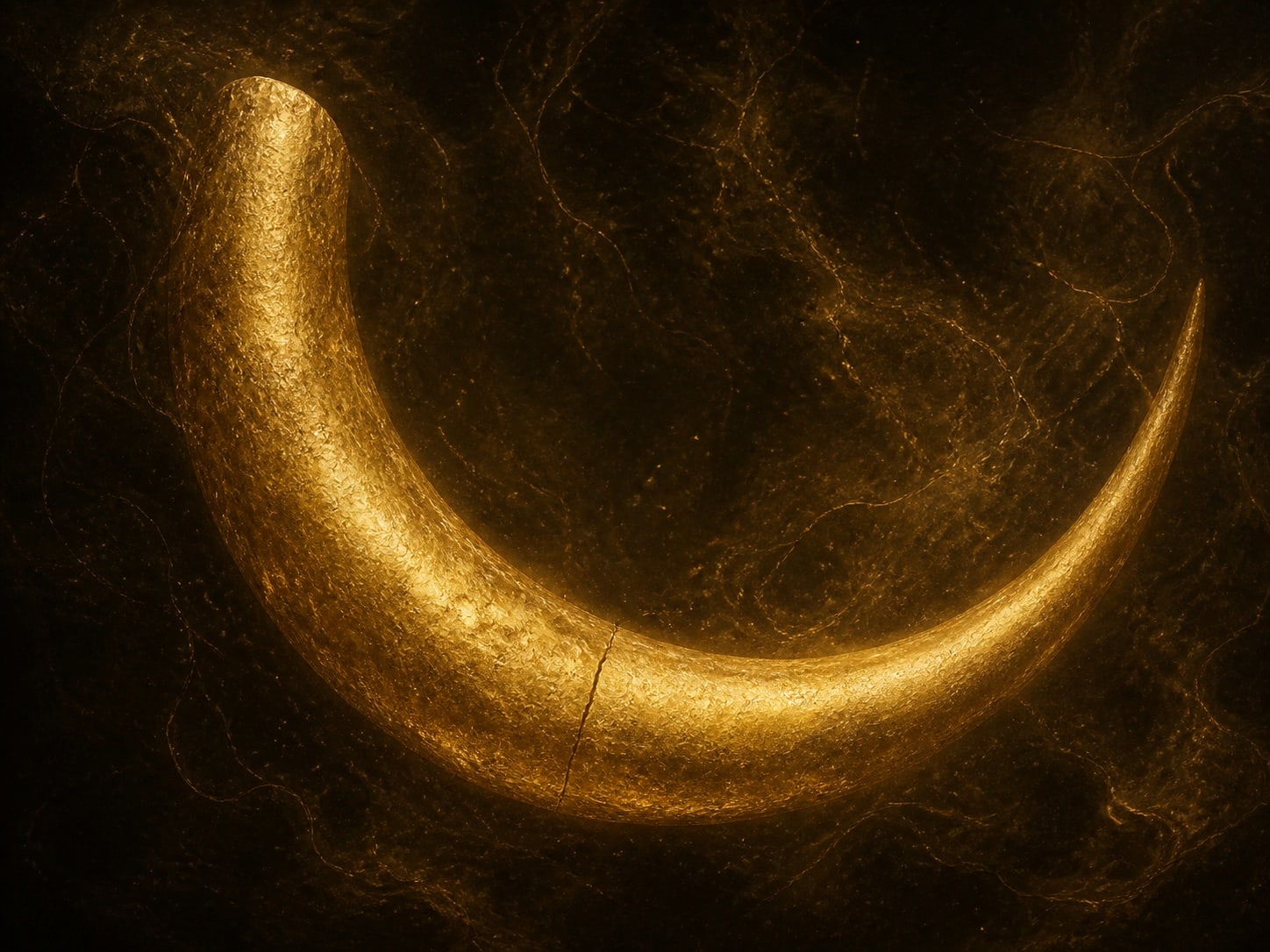 A single curved gold horn, crescent shaped, with a hairline crack along its length.
