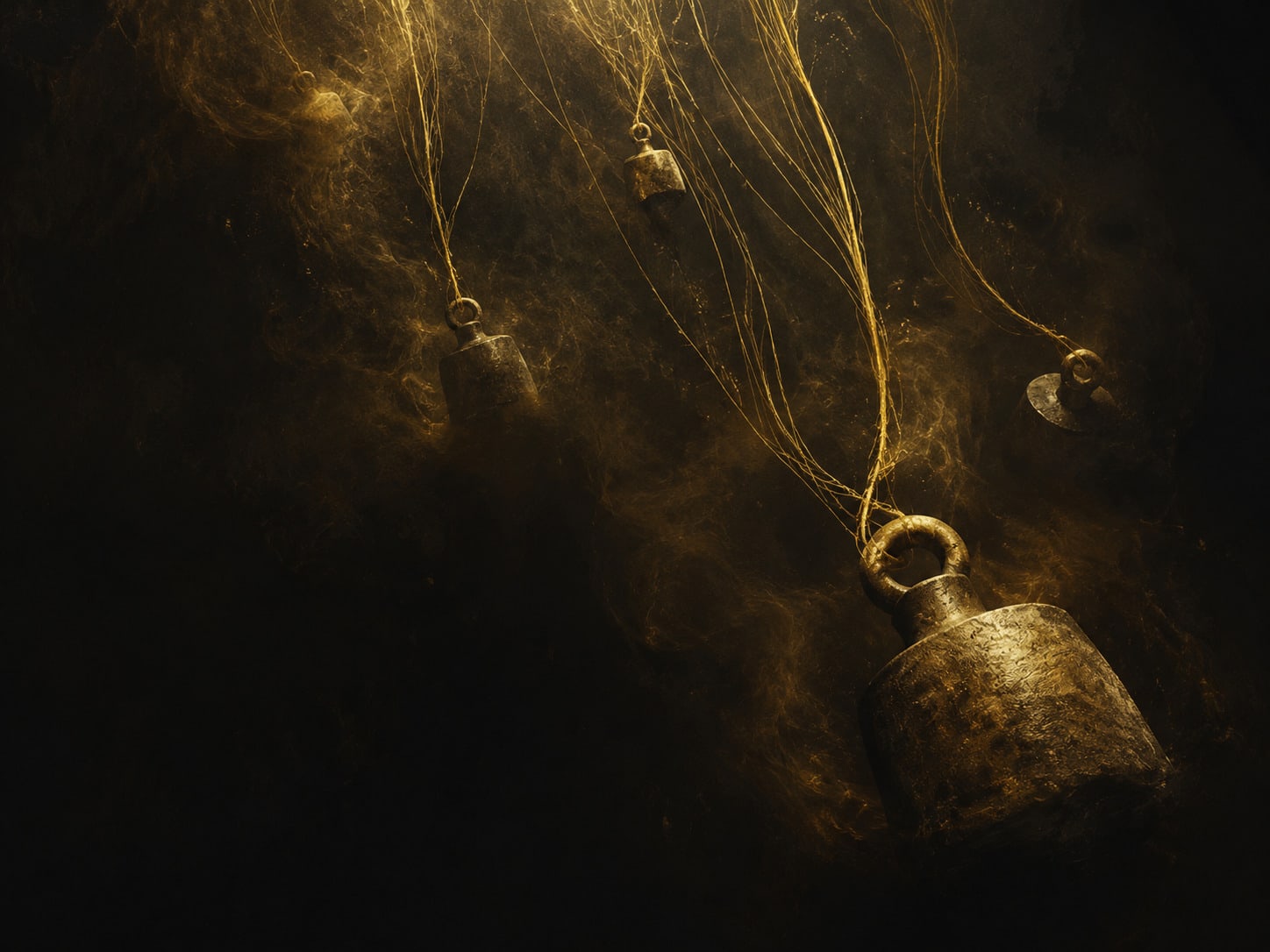 Gold weights trailing fine threads, sinking slowly in the dark.