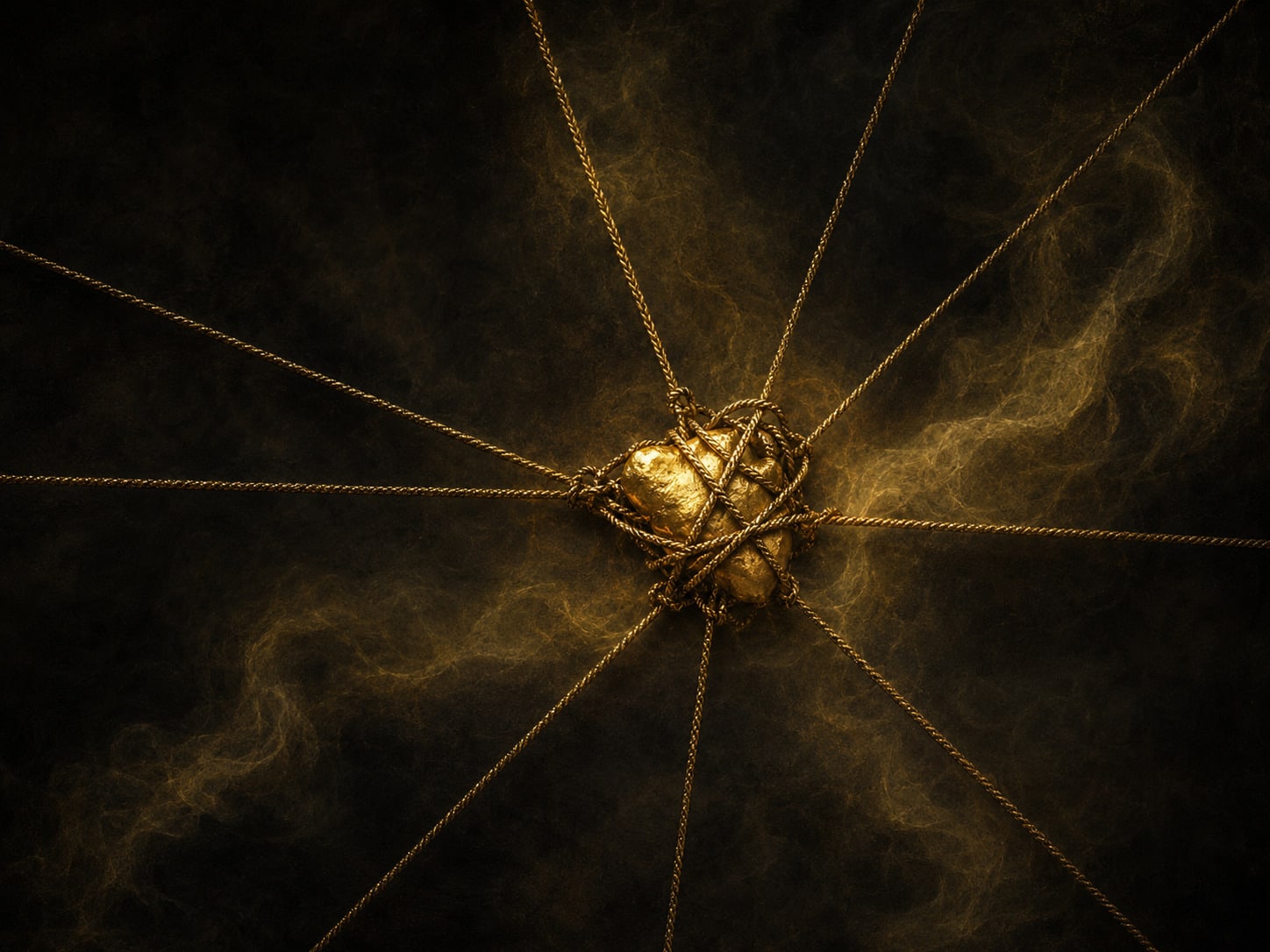 A tangled knot of gold cord pinning a small form to the dark.