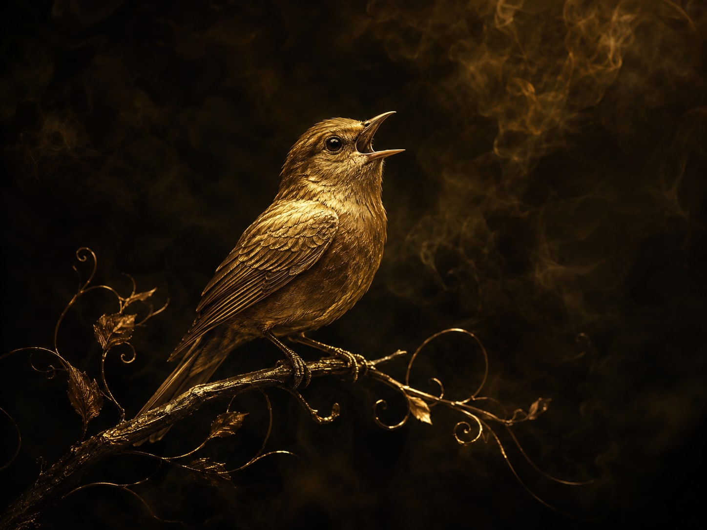 A small gold songbird perched with its beak open in silent song, no sound leaving it.