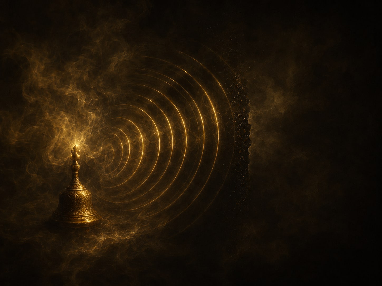 Concentric gold ripples spreading through dark smoke and stopping abruptly mid-air, a call cut short.