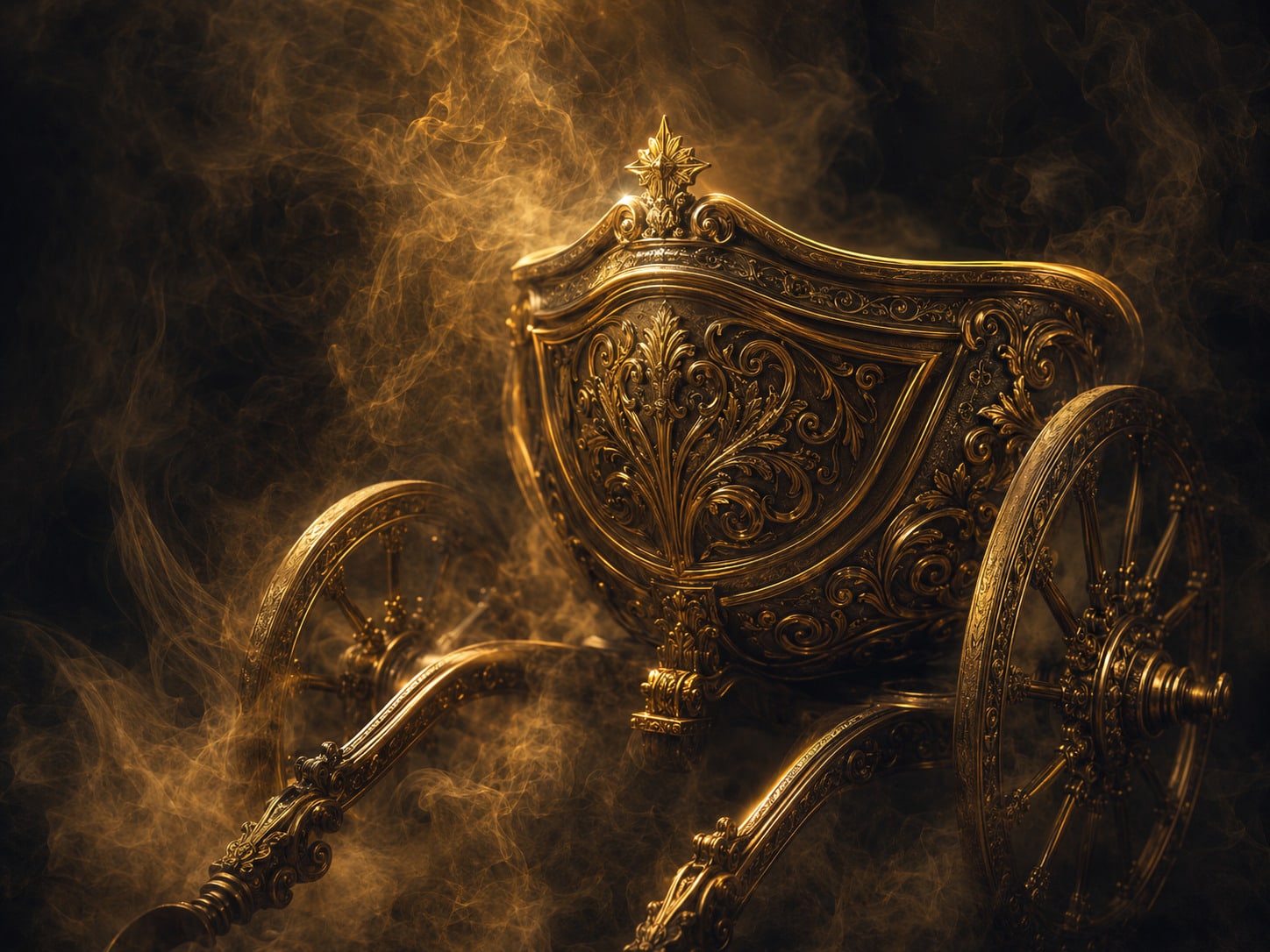 An ornate gold chariot emerging from smoke.