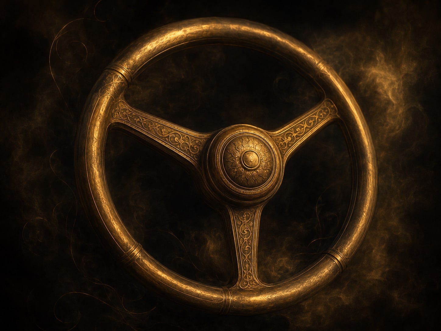 A gold steering wheel held by no one, floating in the dark.