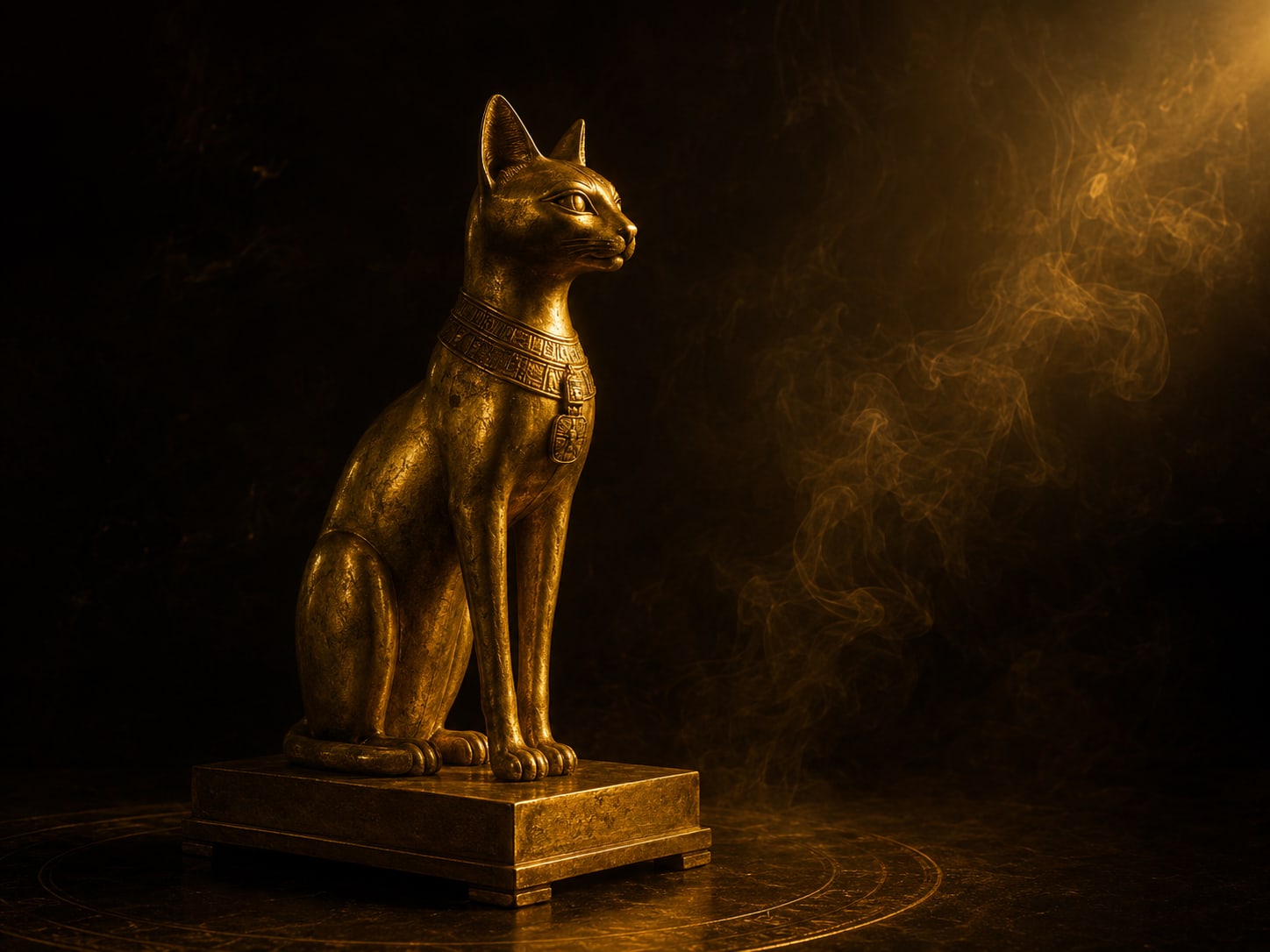 A formal gold seated cat figure on a low plinth in the old Egyptian attitude.