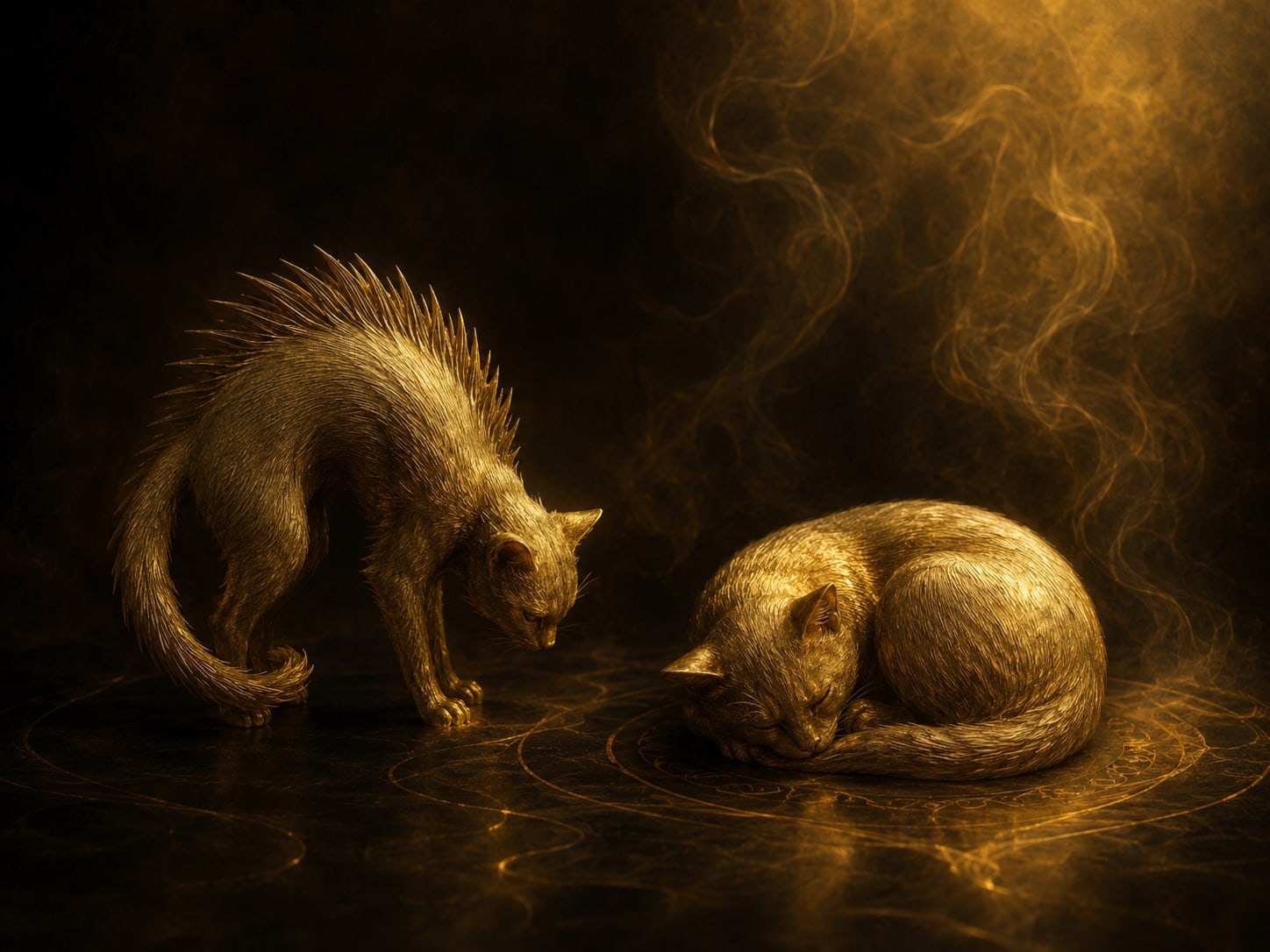 Two gold cat forms side by side, one arched and bristling, the other curled and at rest.