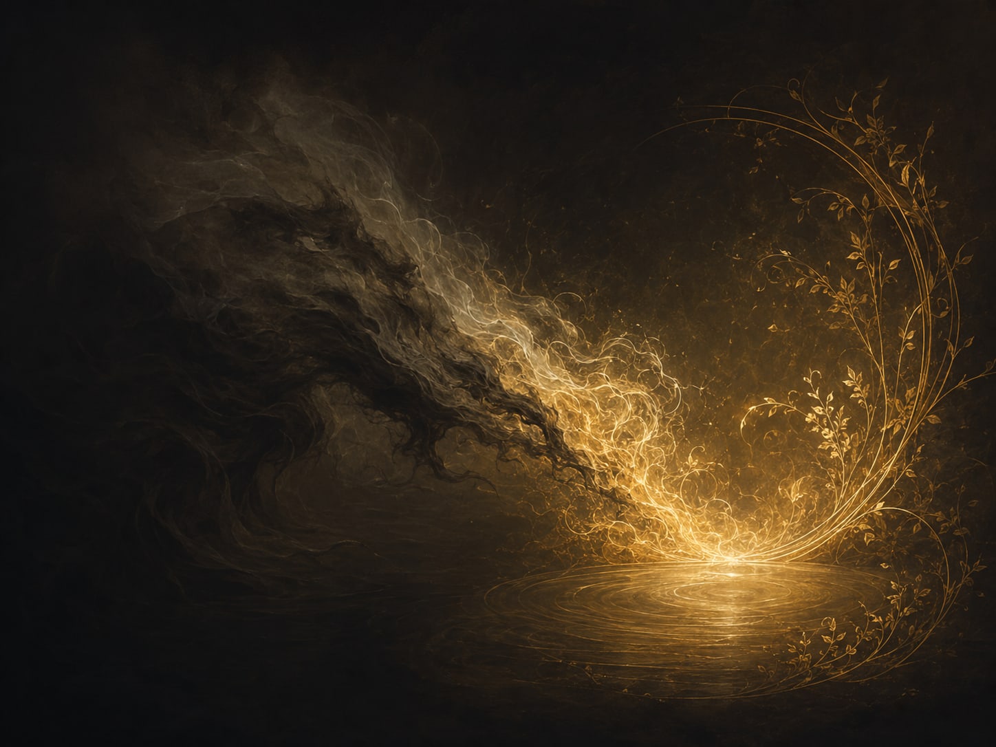 A pursuing haze dissolving into gold lit wisps at the edge of a calm clearing.