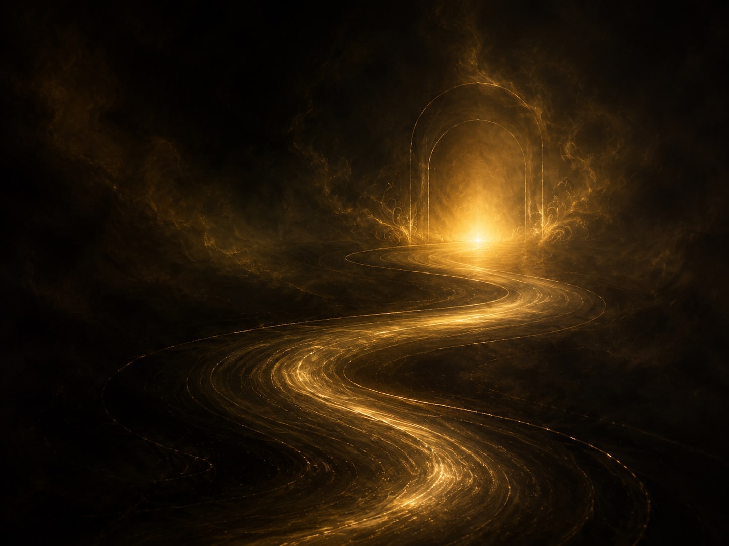 An empty winding path of gold light ending in a soft warm bloom where it can go no farther.