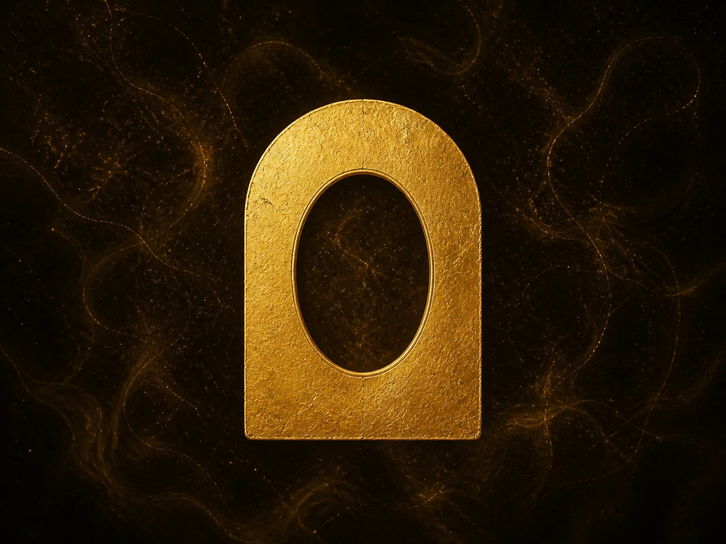 An arched gold marker with an oval opening cut through its center.