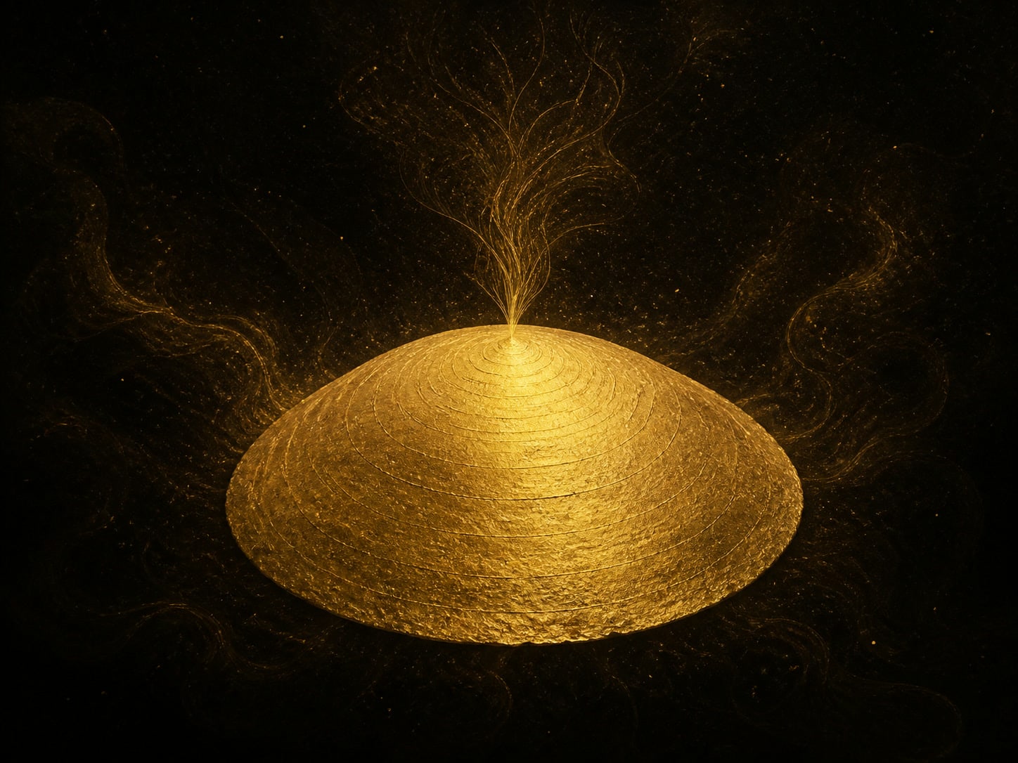 A low domed gold mound with a fine plume rising from its peak.