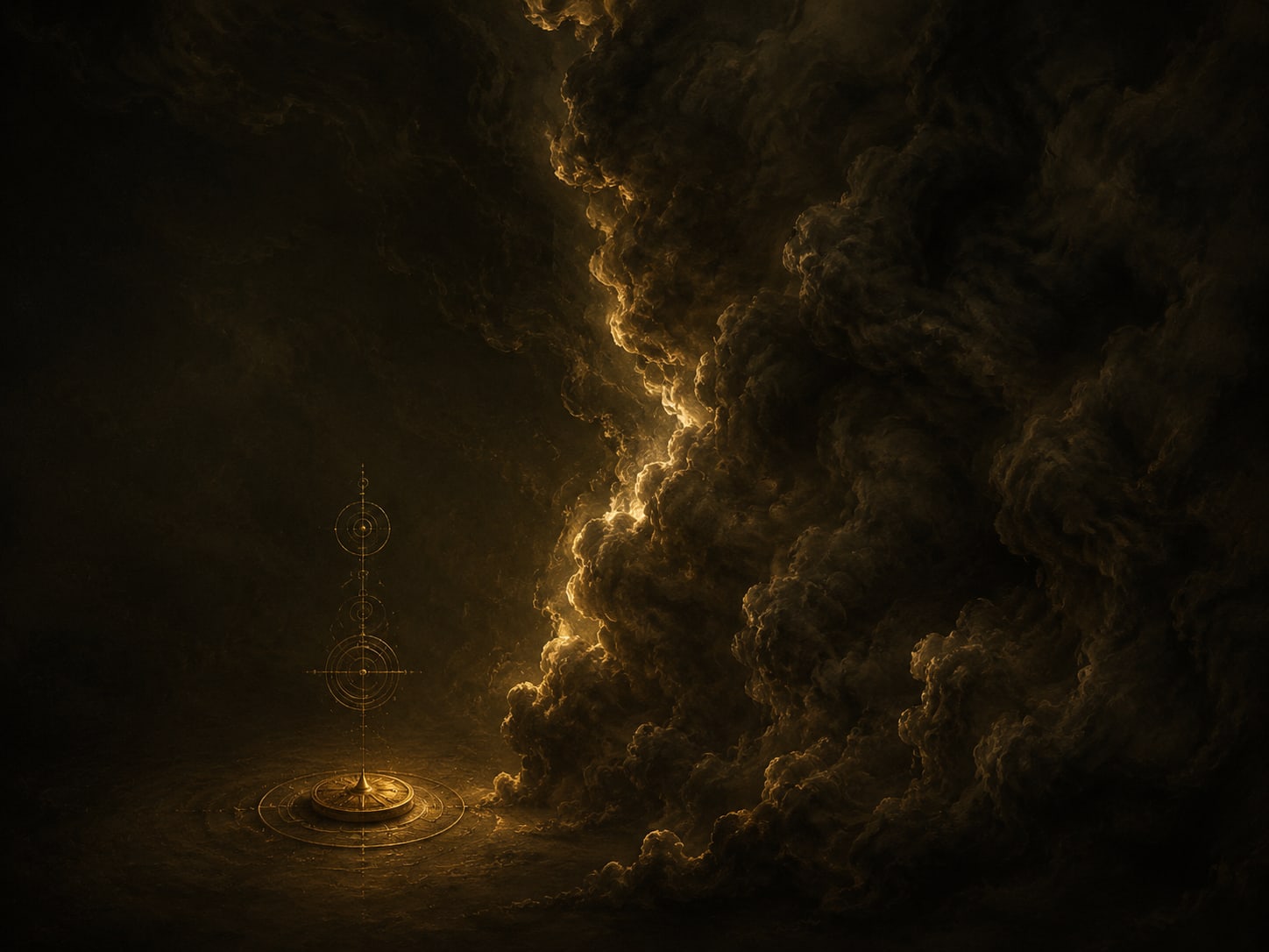 A dense wall of dark smoke pressing slowly forward, its leading edge rimmed in faint gold light.