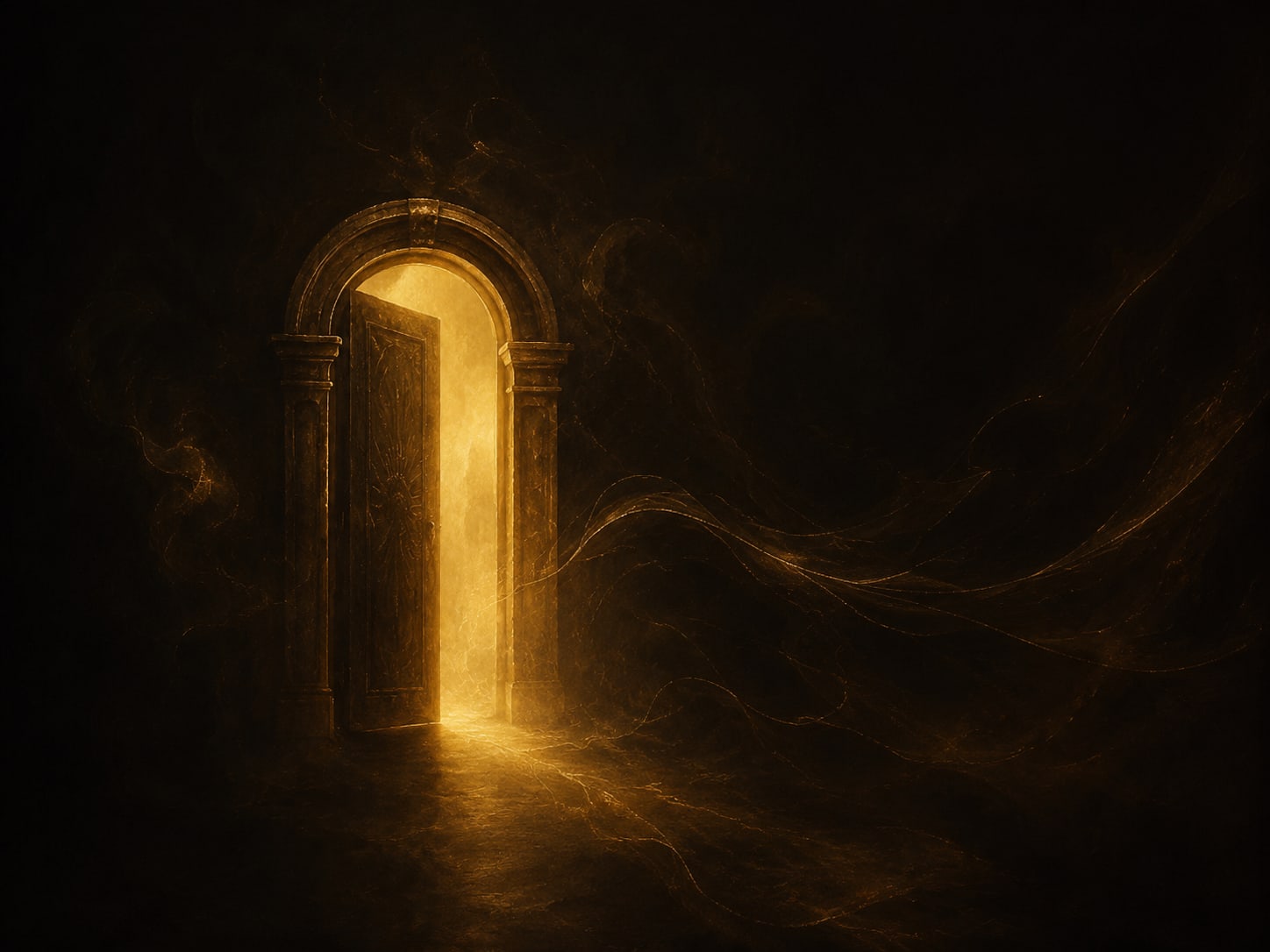 A single lit doorway glowing warm gold in a field of darkness.