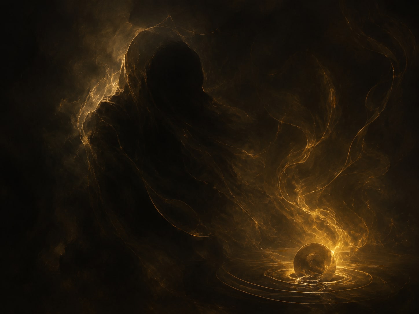 A shadow mass dissolving into thin wisps before a rising warm gold bloom.