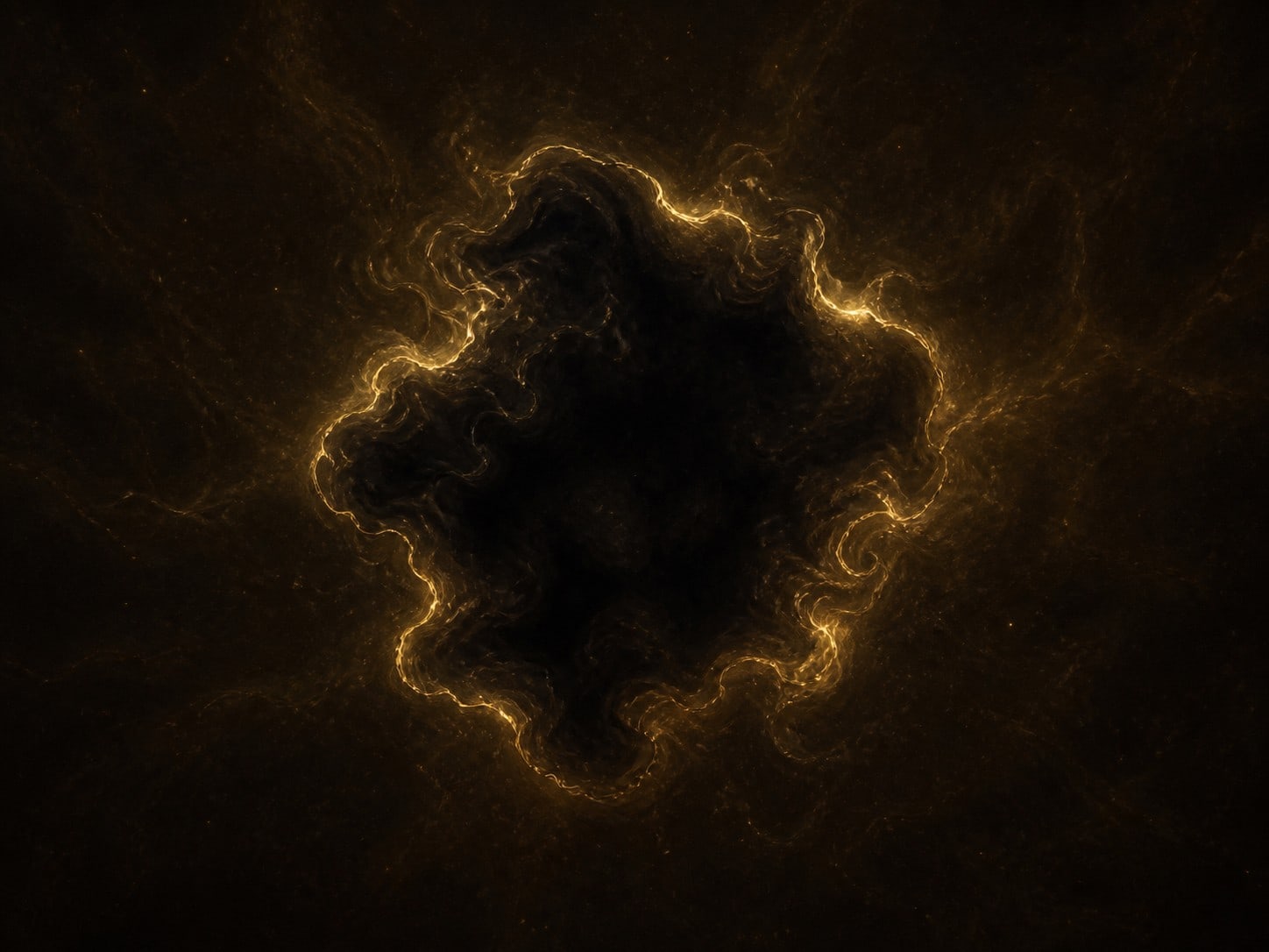 A single irregular dark smoky mass is outlined by a faint gold glow in a dark hazy background.