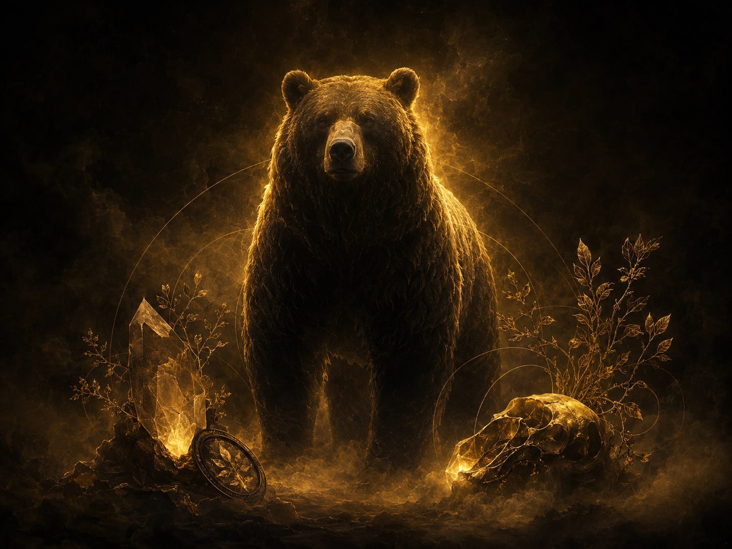 A massive bear standing calm and still in gold rim-light within parted haze, a guardian presence.