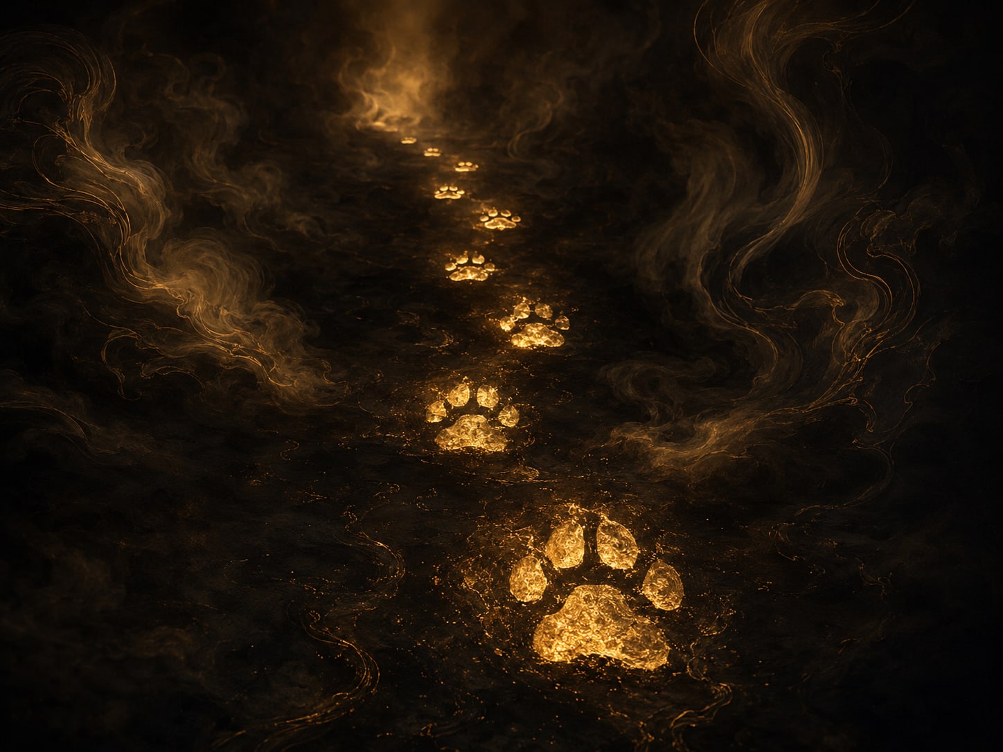 A trail of glowing gold paw prints winding across a dark smoke floor toward the viewer, pursuit implied by tracks alone.