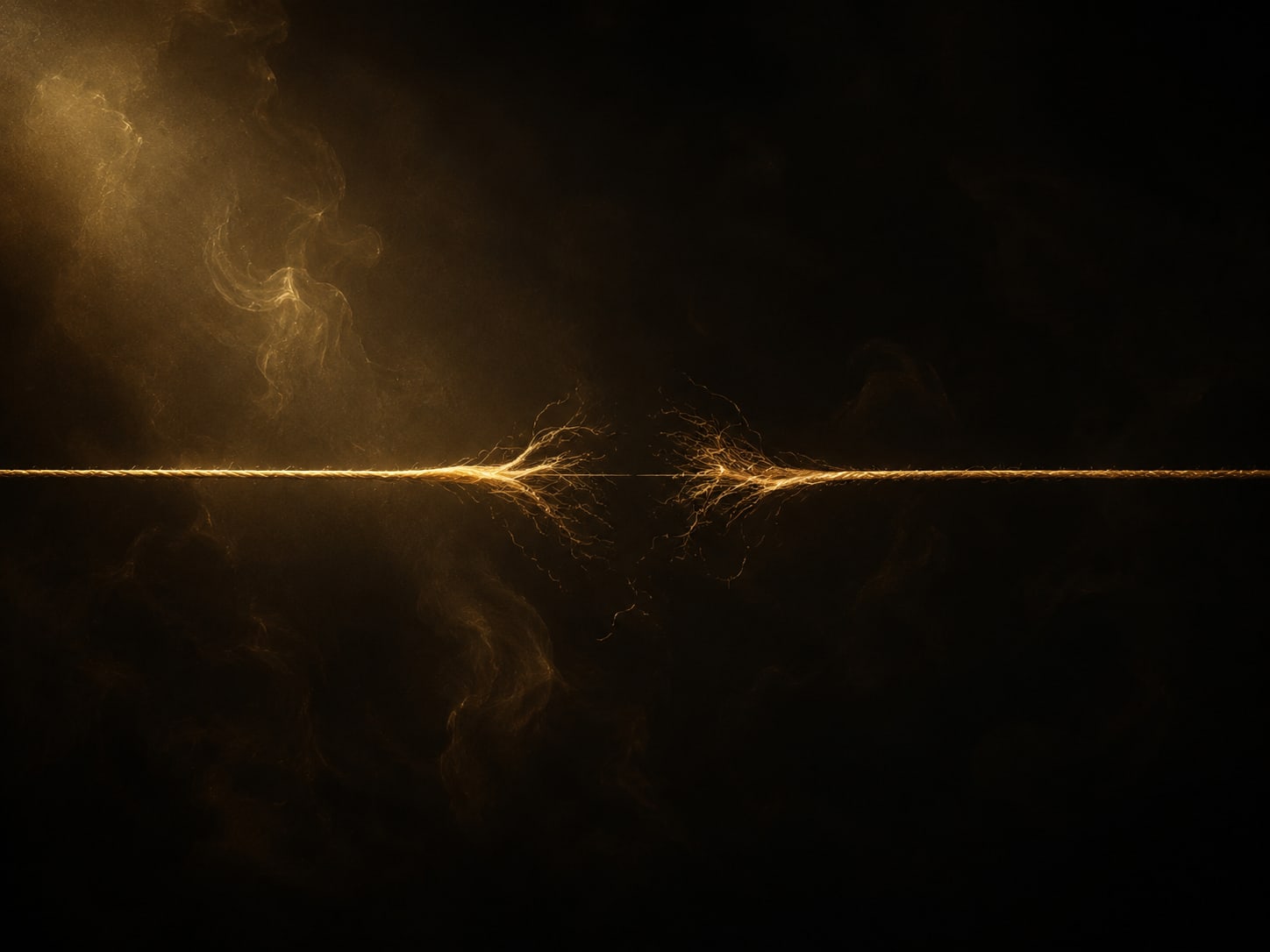 A single taut gold thread stretched across the darkness, frayed at its middle where the strain shows.