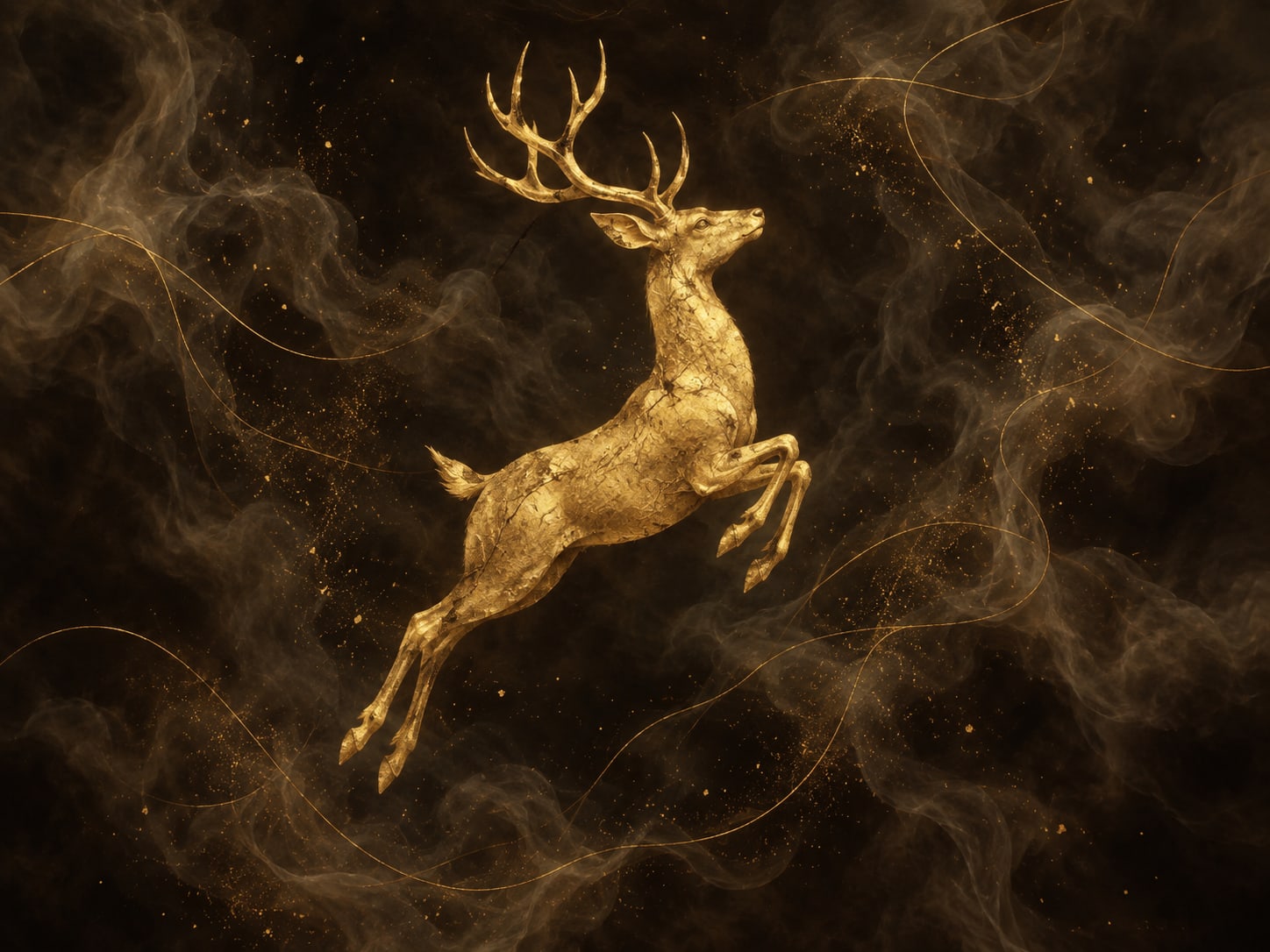 A luminous gold deer hangs mid-leap in a dark smoky background filled with fine gold particles.