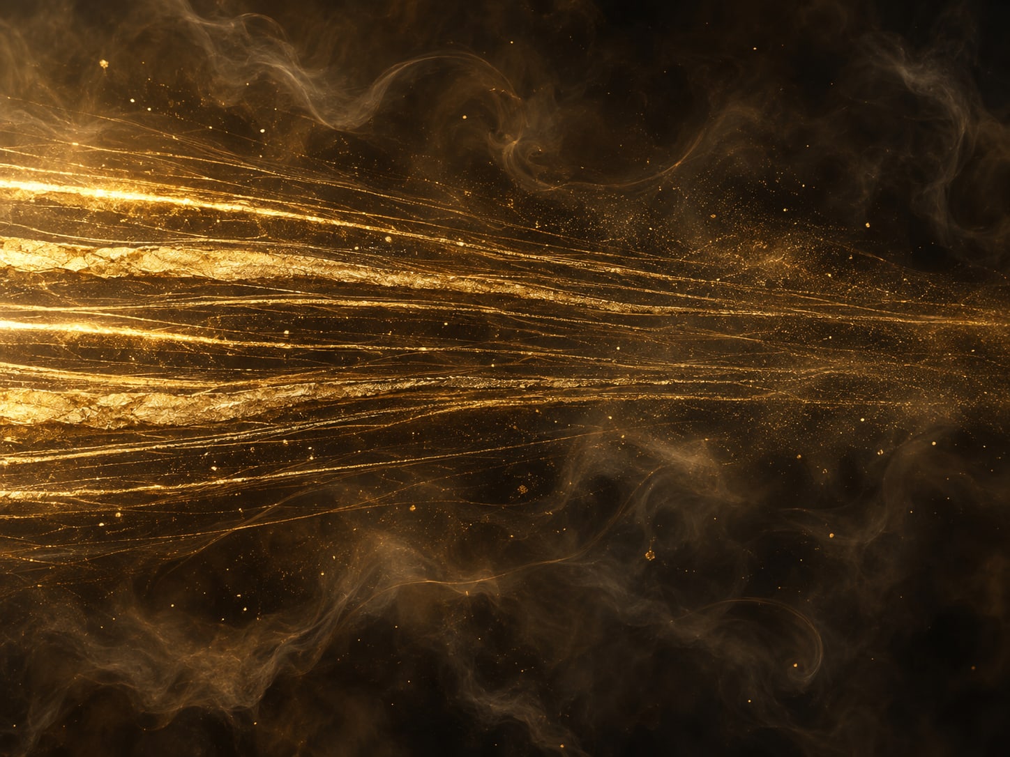 Bright parallel streaks of gold particles cross a dark smoky background.